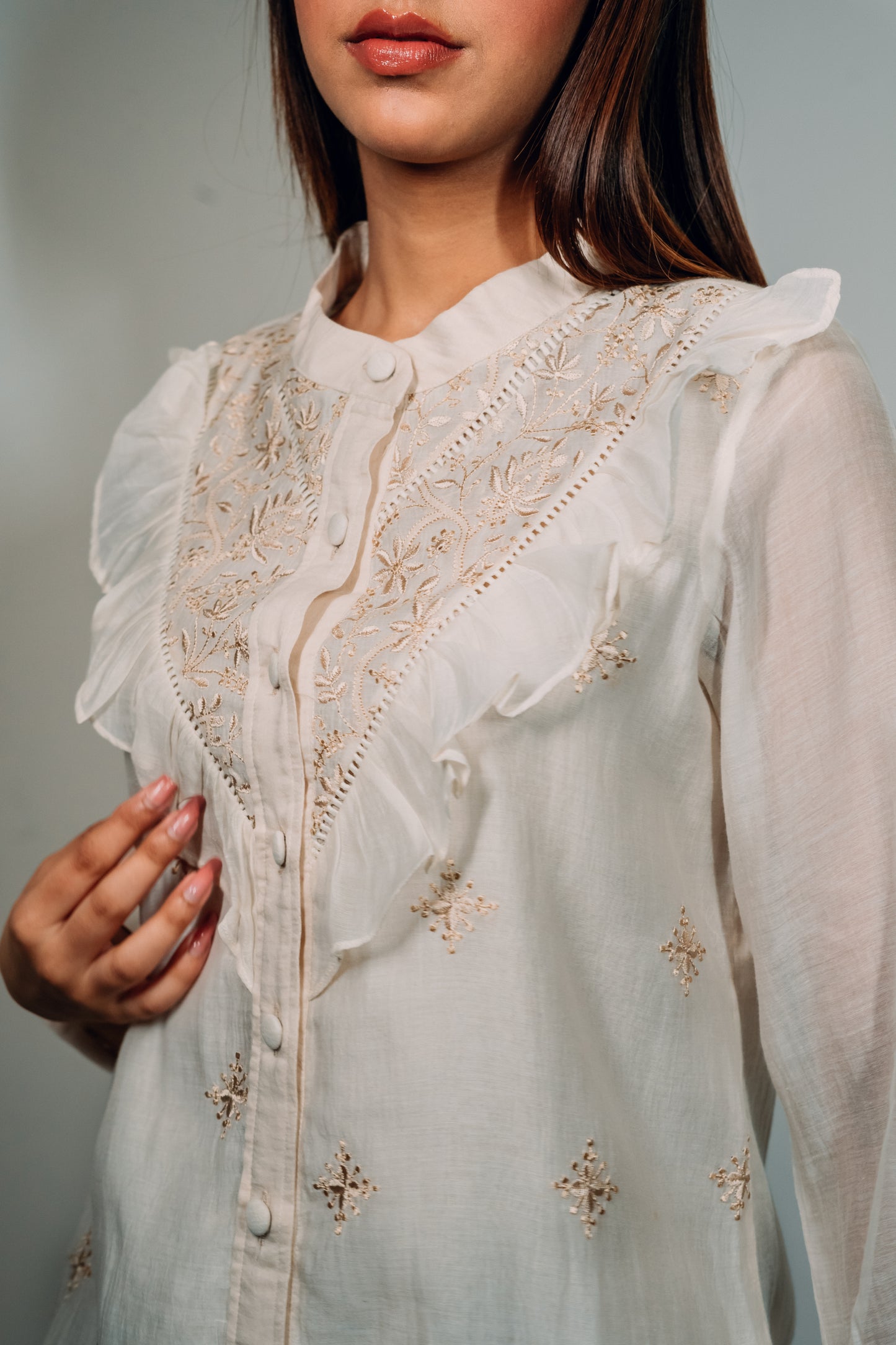 Ivory Ruffled Mul Chanderi Shirt