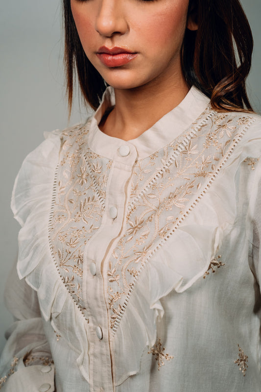 Ivory Ruffled Mul Chanderi Shirt