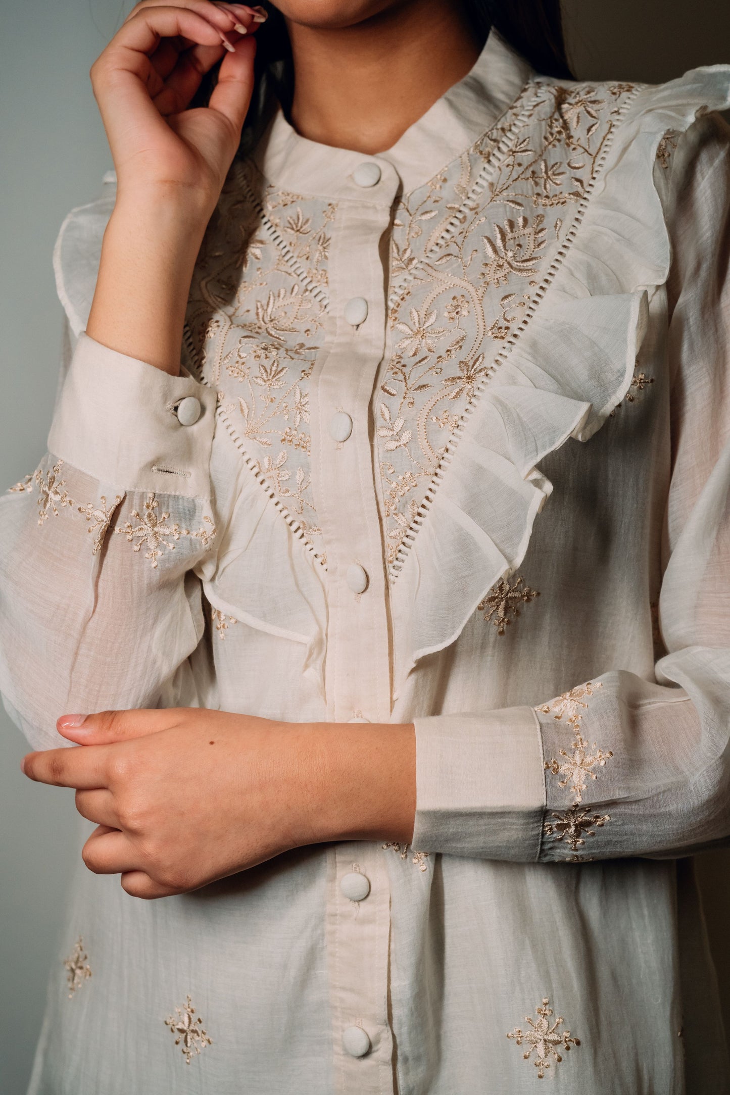 Ivory Ruffled Mul Chanderi Shirt