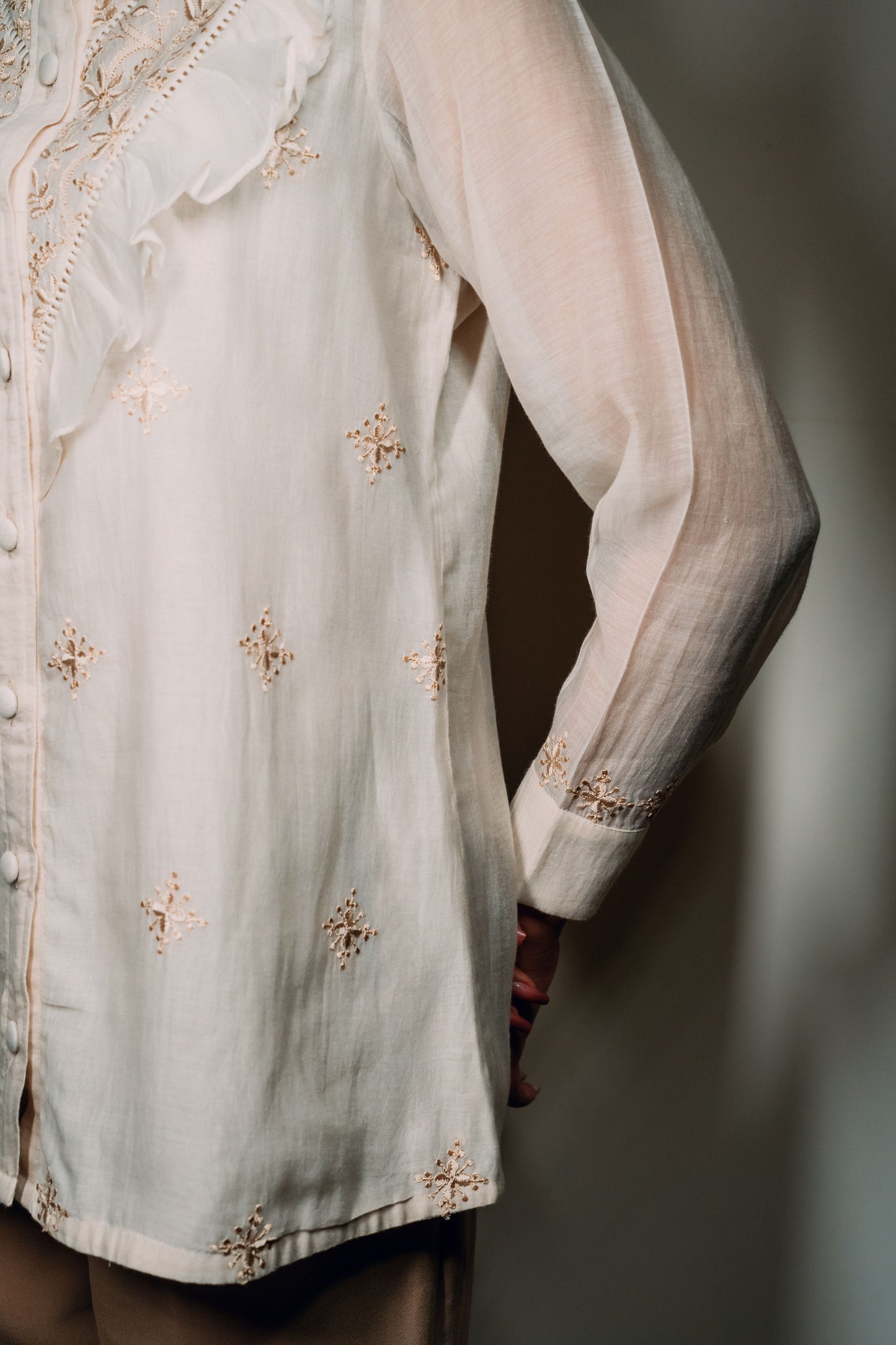 Ivory Ruffled Mul Chanderi Shirt