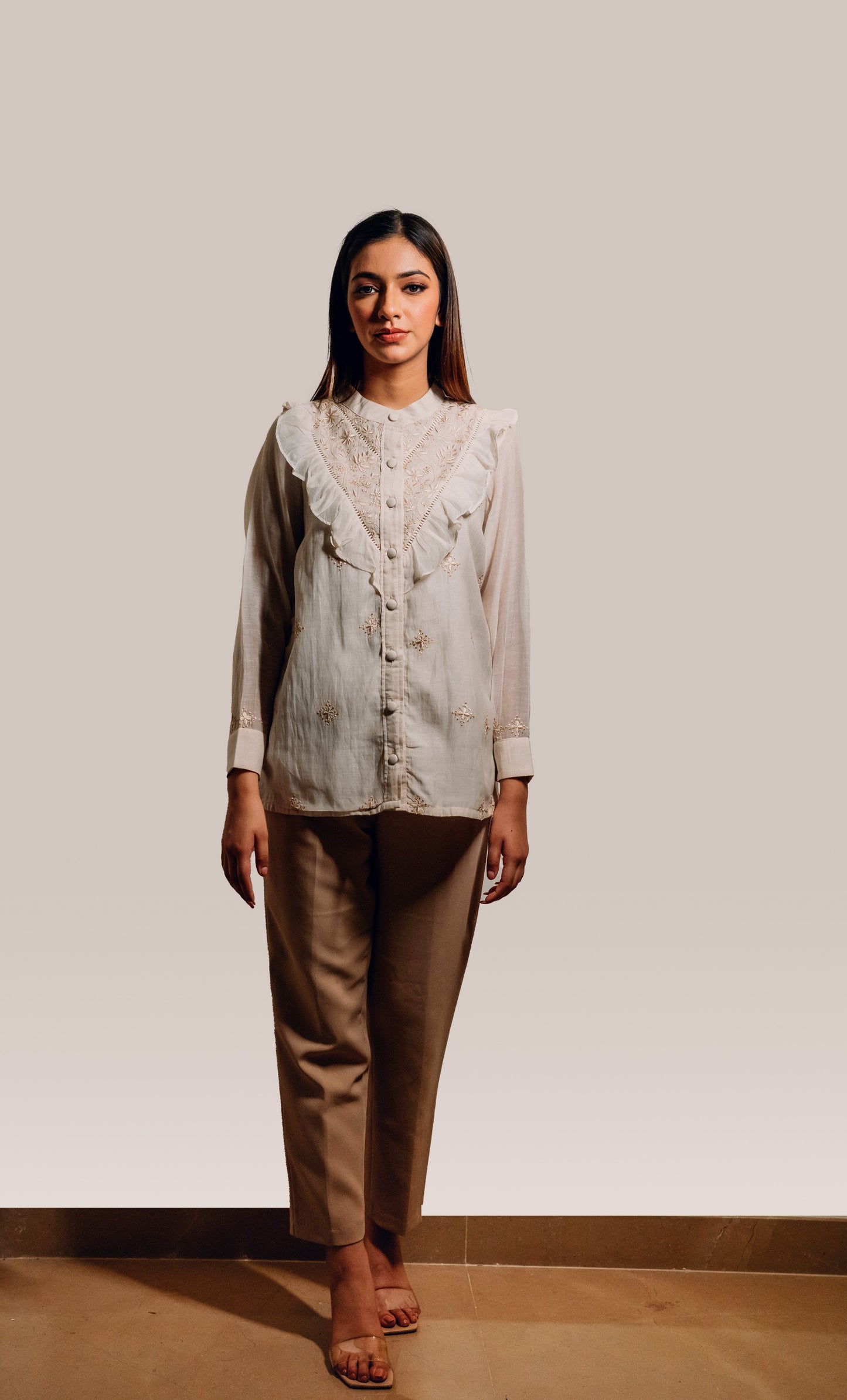 Ivory Ruffled Mul Chanderi Shirt