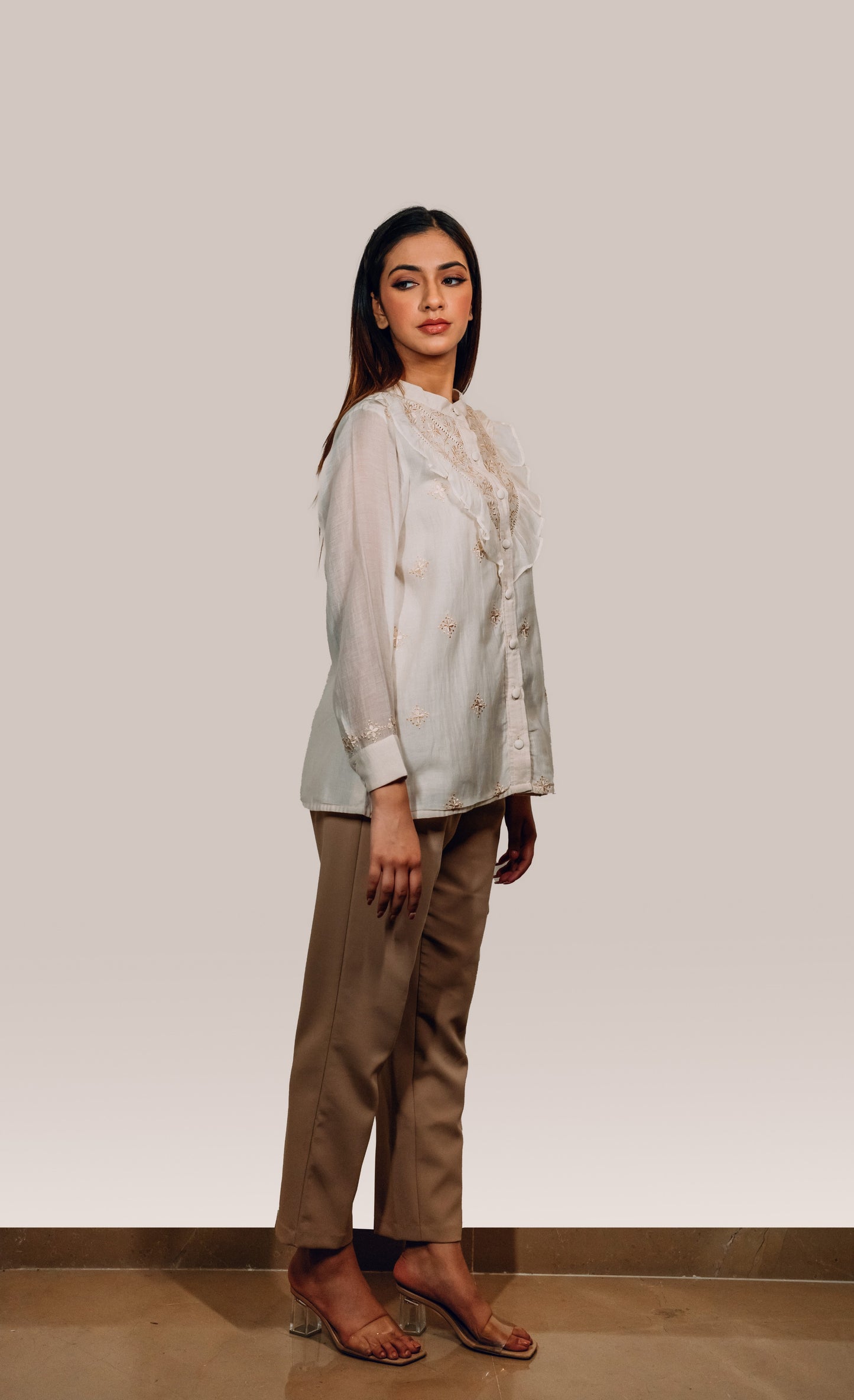 Ivory Ruffled Mul Chanderi Shirt