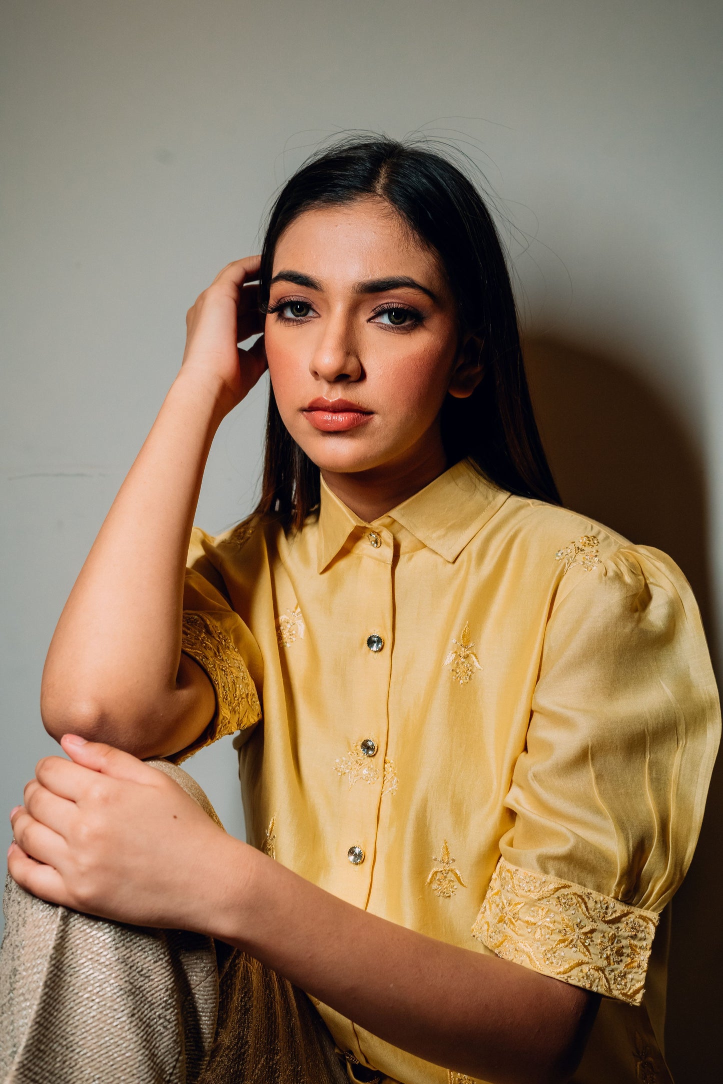 Yellow Chanderi Silk Highlighted Half Sleeve Collar Shirt