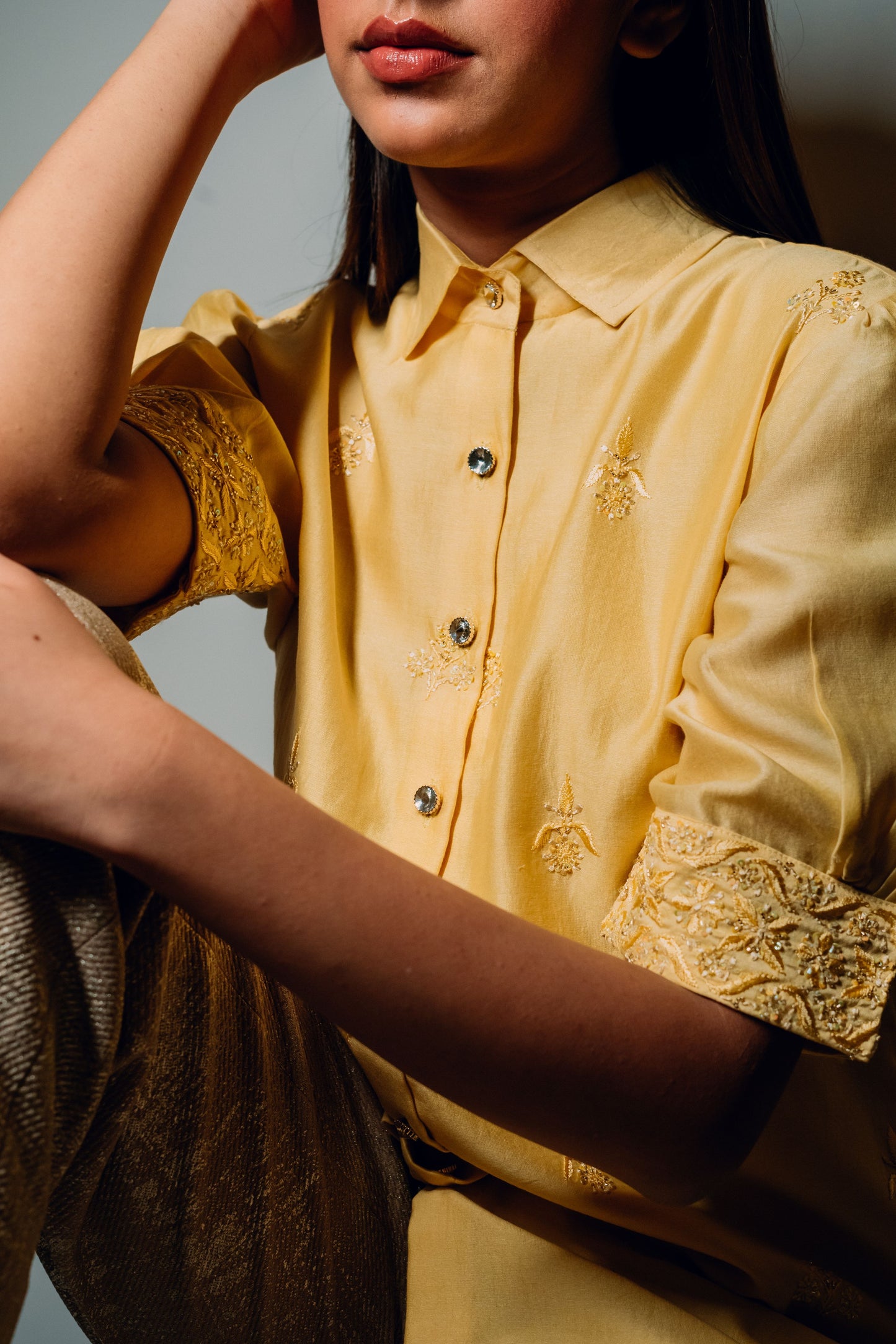 Yellow Chanderi Silk Highlighted Half Sleeve Collar Shirt