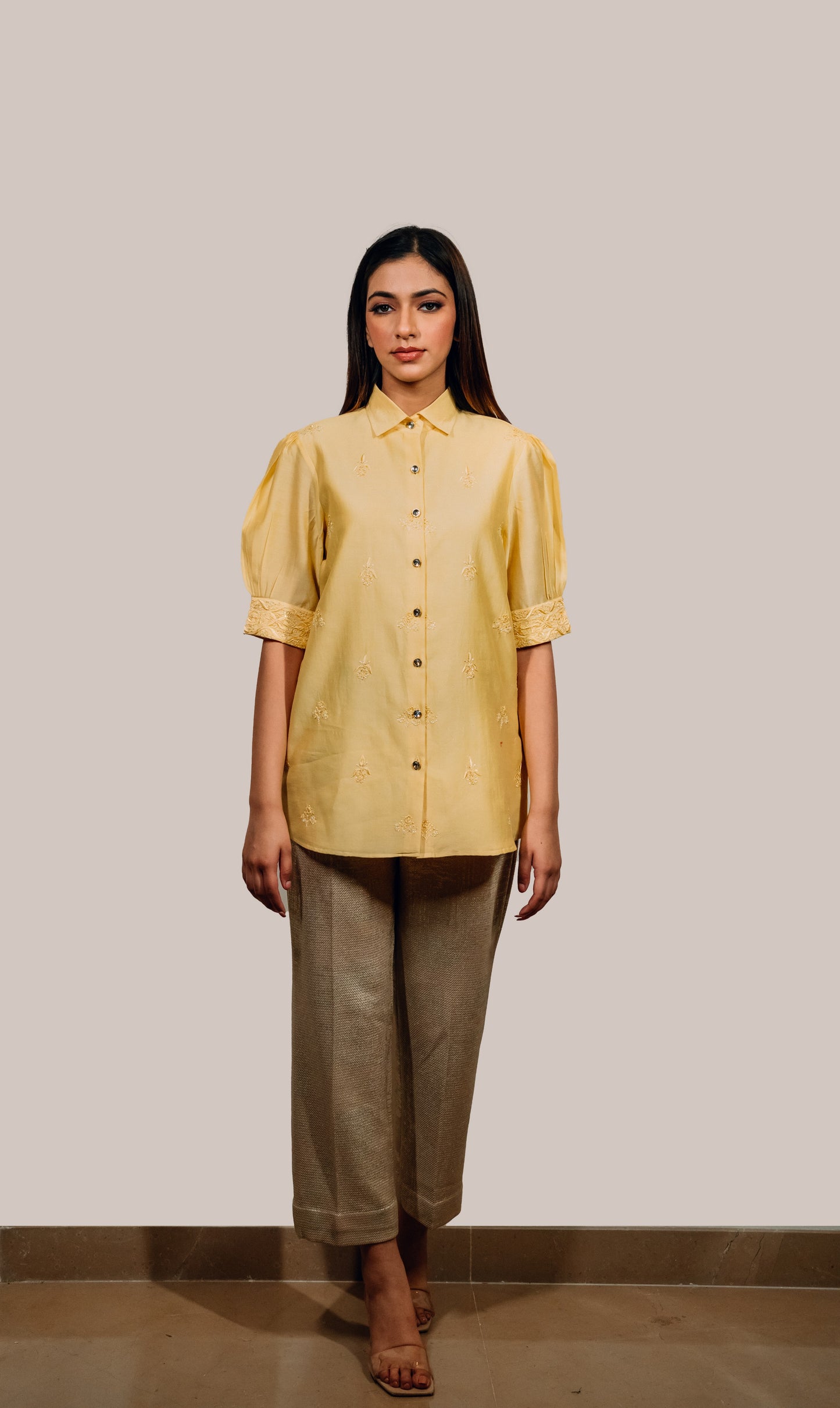 Yellow Chanderi Silk Highlighted Half Sleeve Collar Shirt