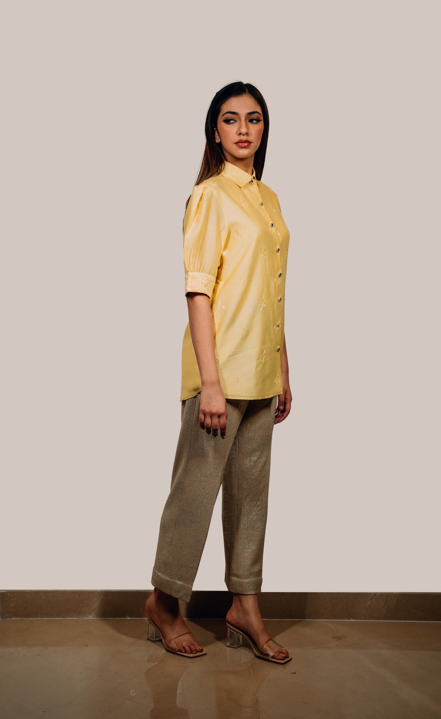 Yellow Chanderi Silk Highlighted Half Sleeve Collar Shirt