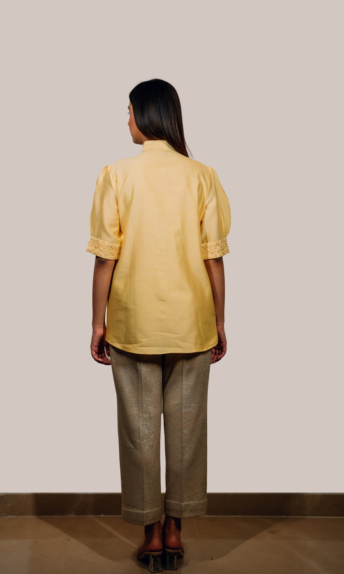 Yellow Chanderi Silk Highlighted Half Sleeve Collar Shirt