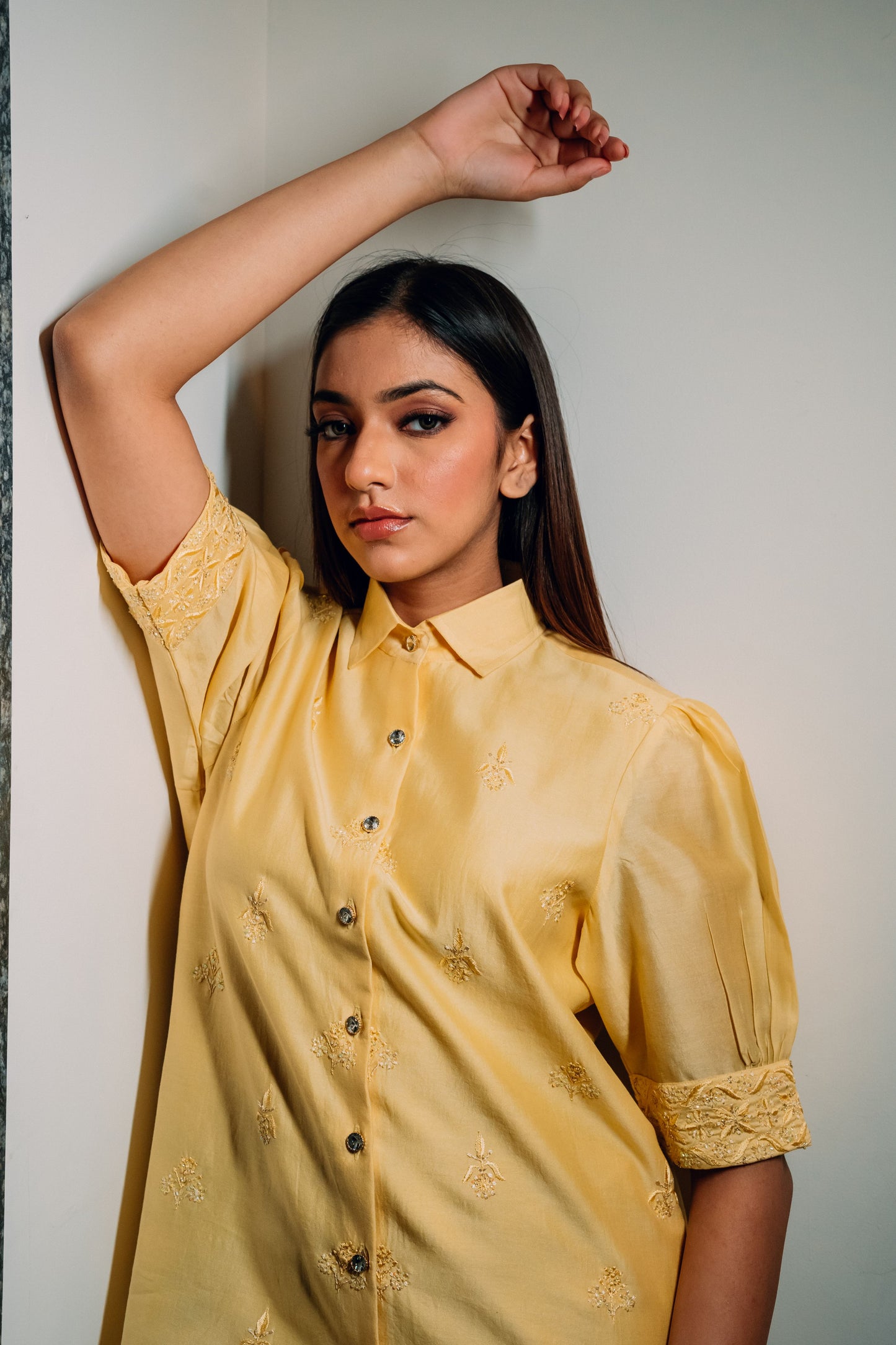 Yellow Chanderi Silk Highlighted Half Sleeve Collar Shirt