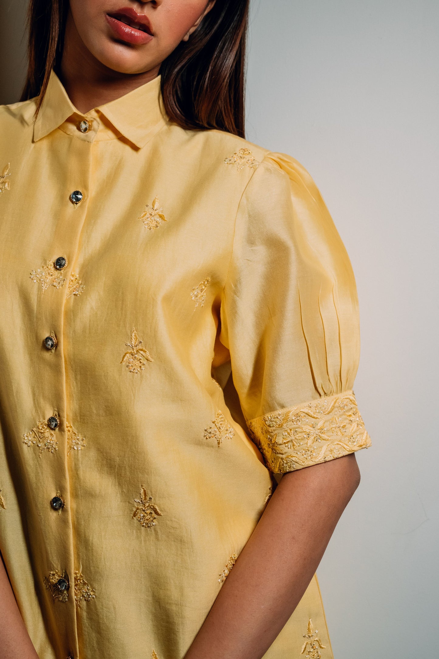 Yellow Chanderi Silk Highlighted Half Sleeve Collar Shirt