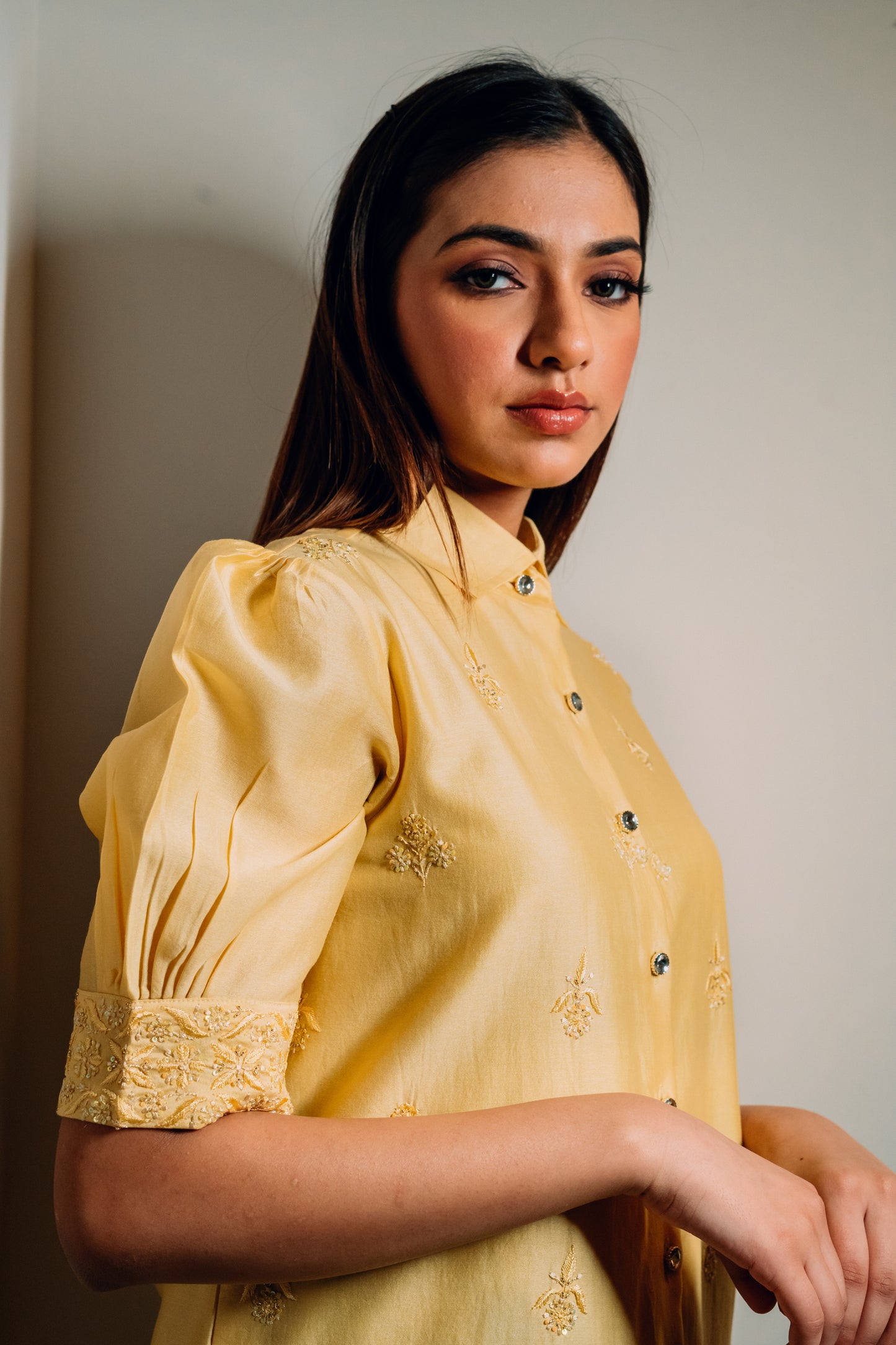 Yellow Chanderi Silk Highlighted Half Sleeve Collar Shirt