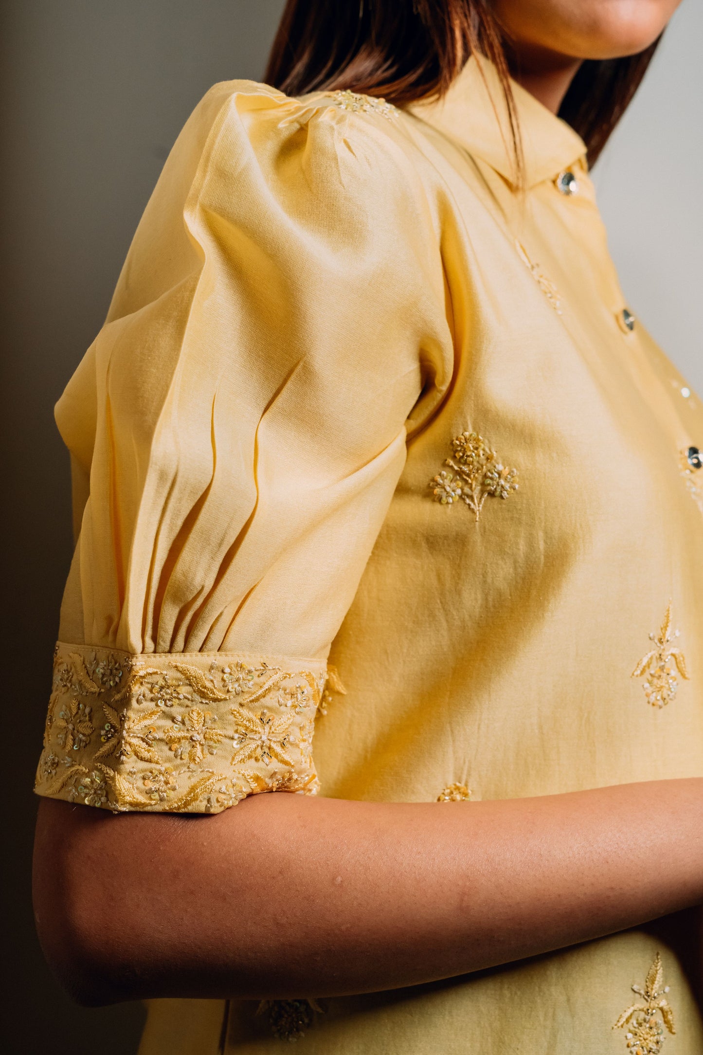 Yellow Chanderi Silk Highlighted Half Sleeve Collar Shirt