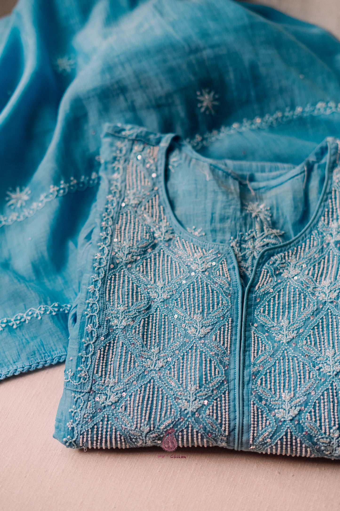 Blue Mul Chanderi Chikankari Suit Set