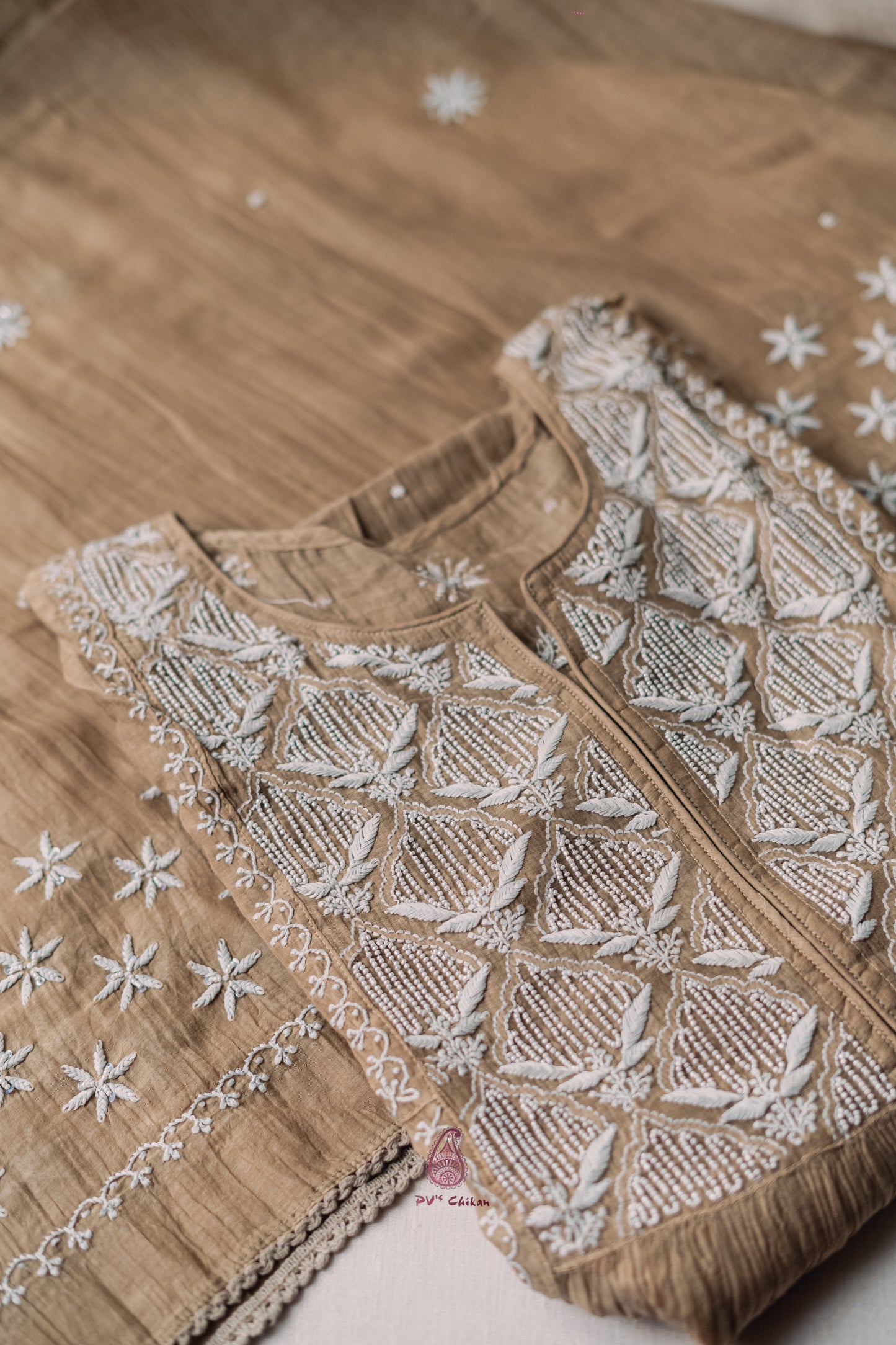 Brown Mul Chanderi Chikankari Suit Set