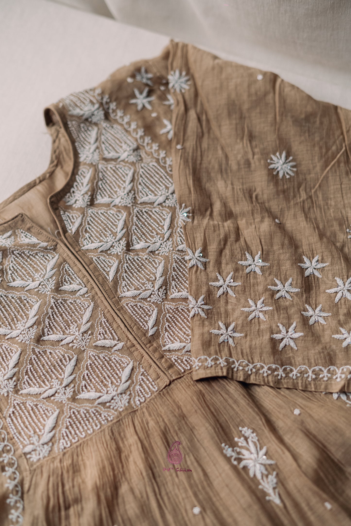 Brown Mul Chanderi Chikankari Suit Set