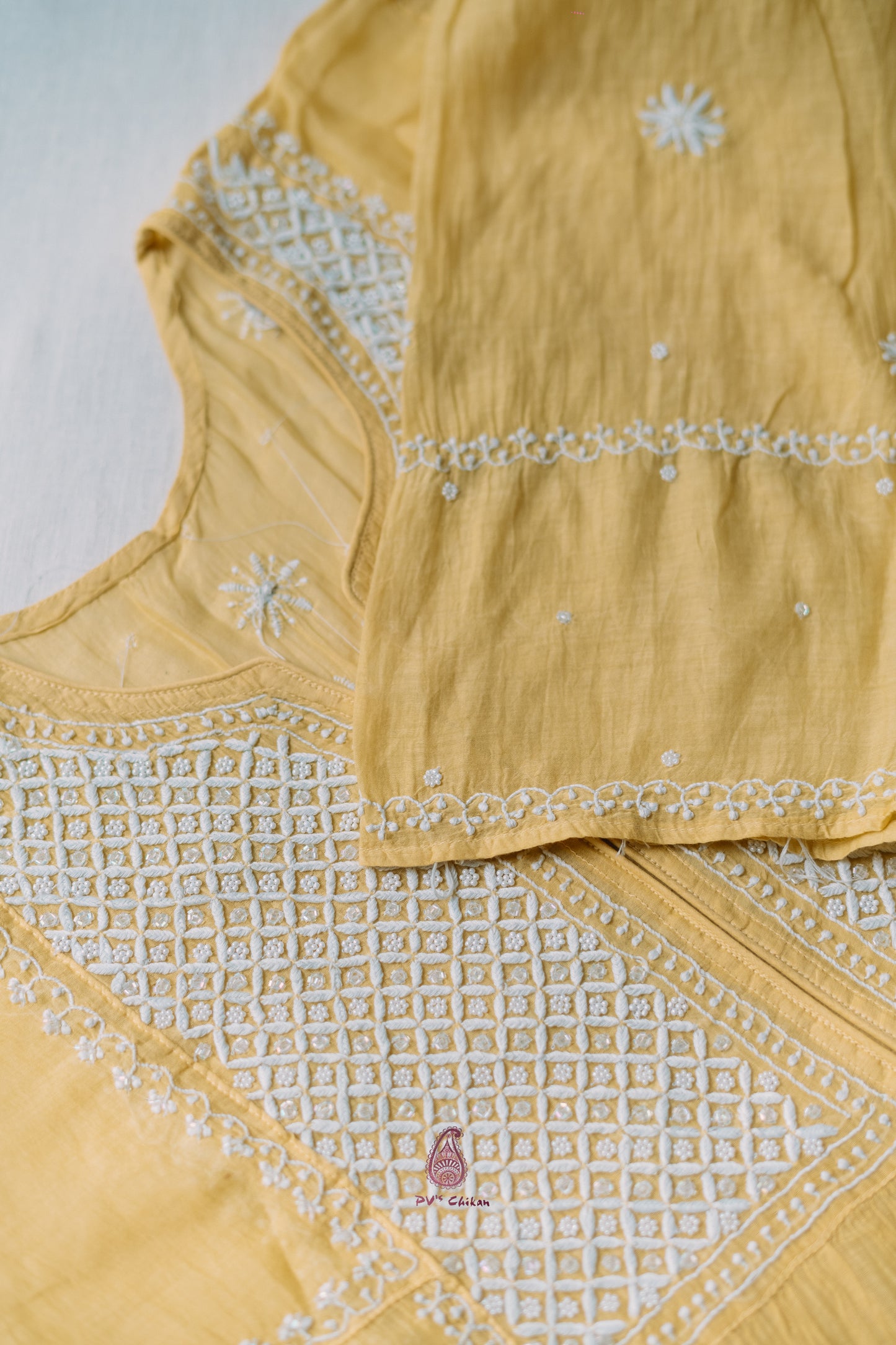 Yellow Mul Chanderi Chikankari Suit Set