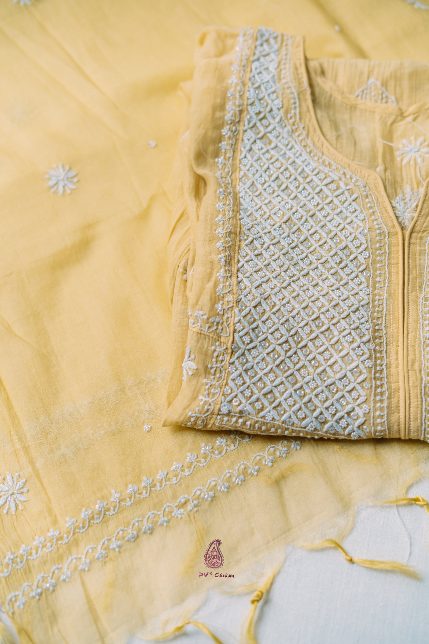 Yellow Mul Chanderi Chikankari Suit Set