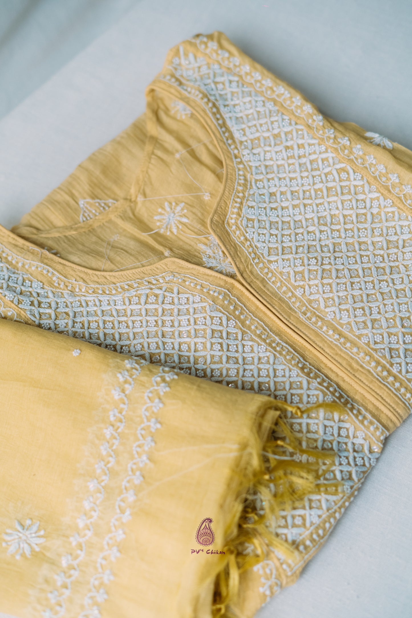 Yellow Mul Chanderi Chikankari Suit Set