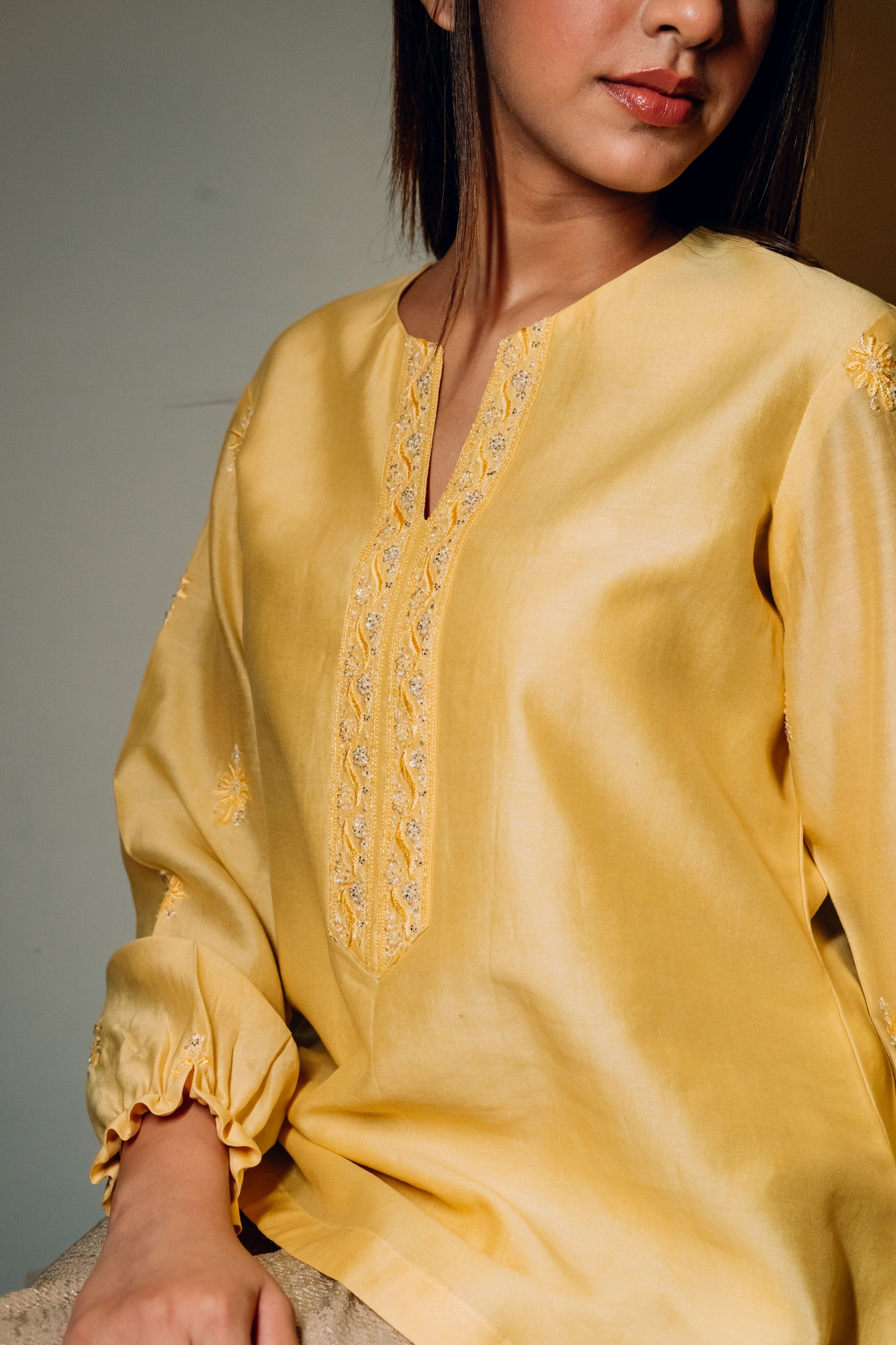 Yellow Chanderi Silk Chikankari Tunic