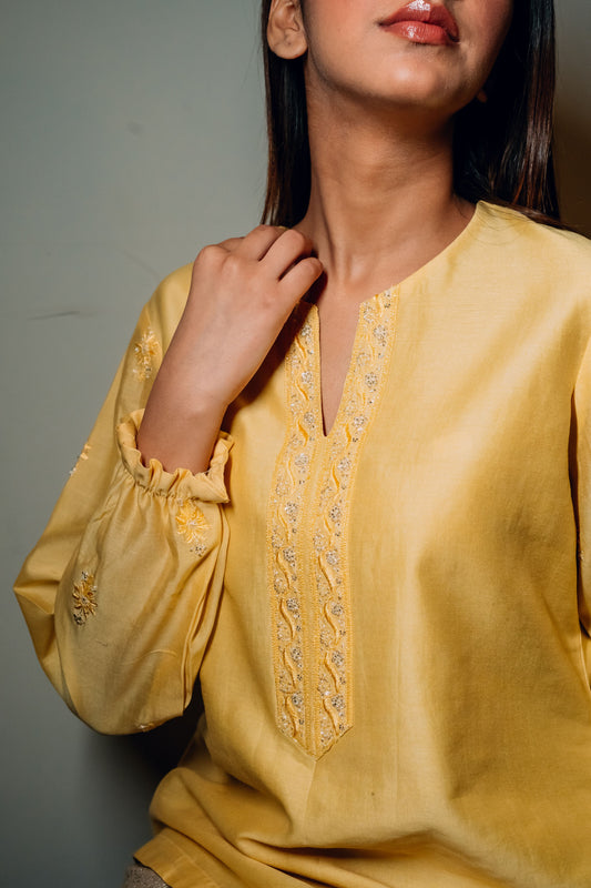 Yellow Chanderi Silk Chikankari Tunic