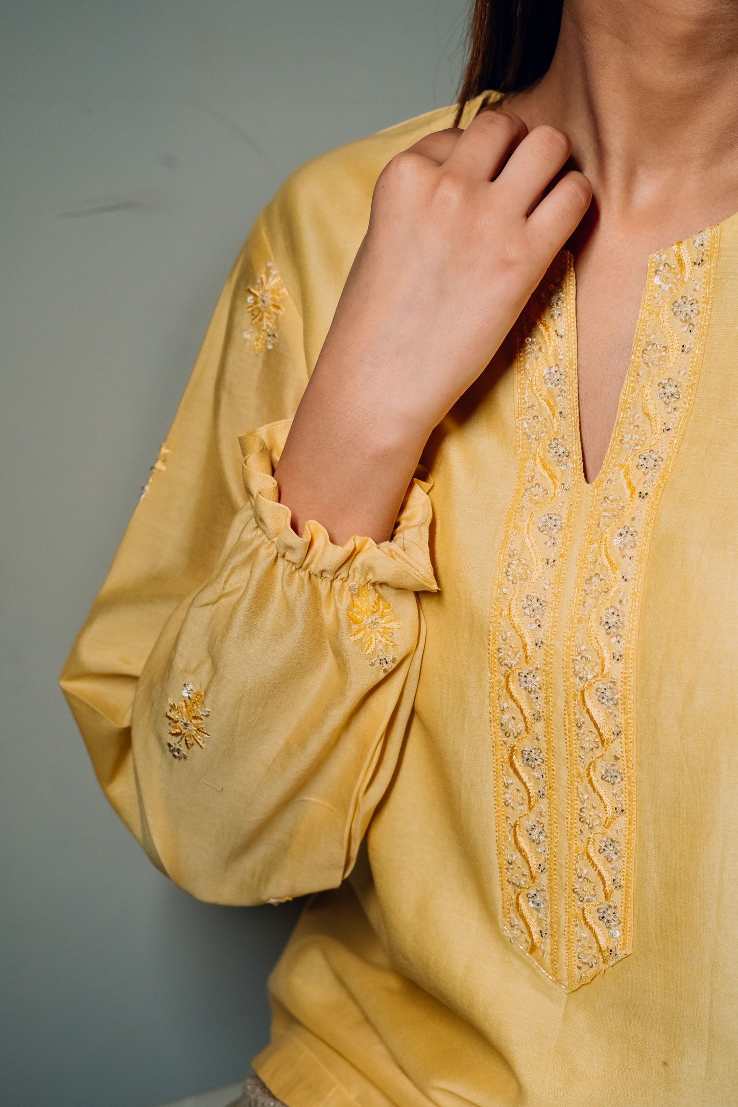 Yellow Chanderi Silk Chikankari Tunic