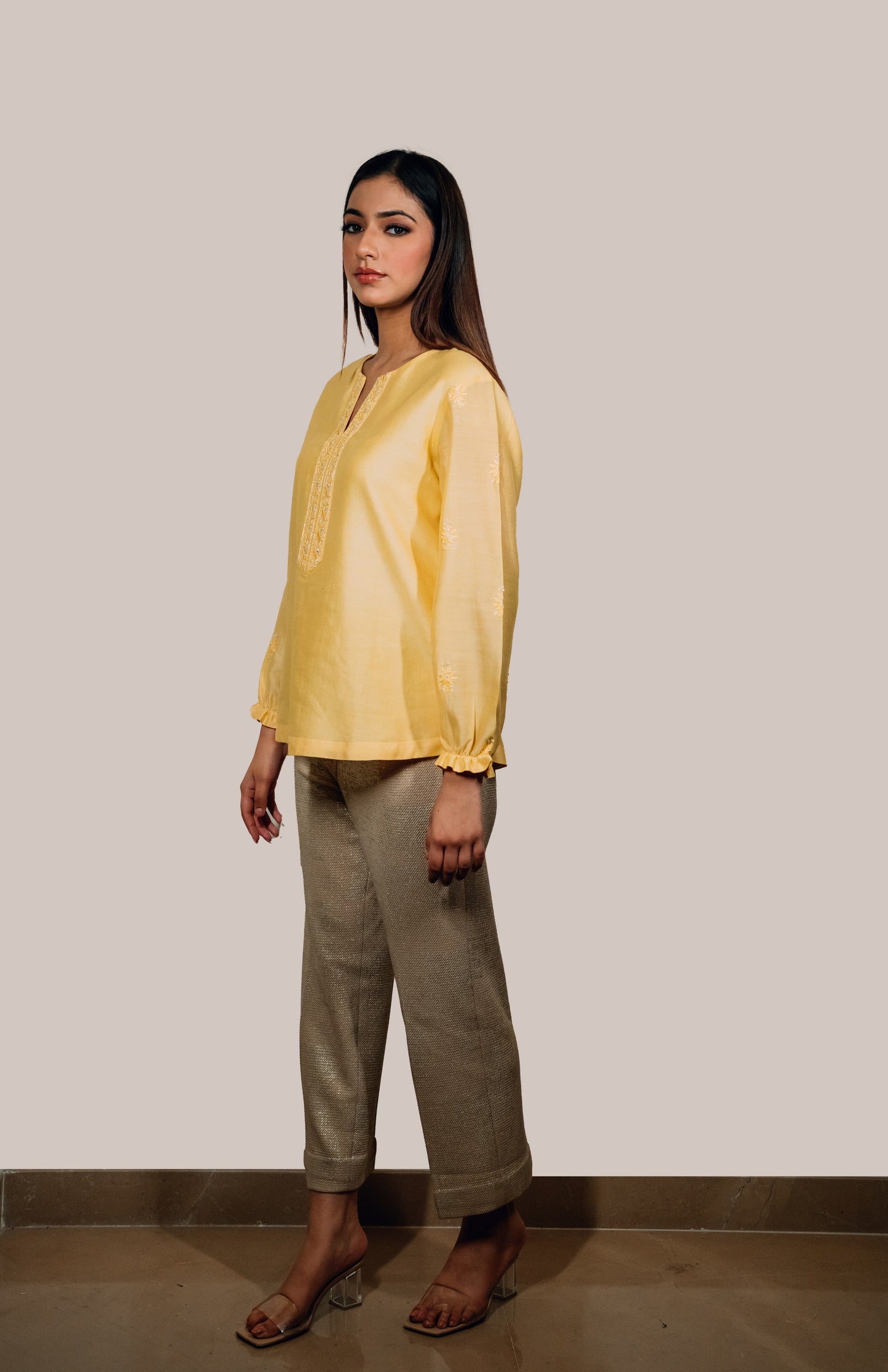 Yellow Chanderi Silk Chikankari Tunic