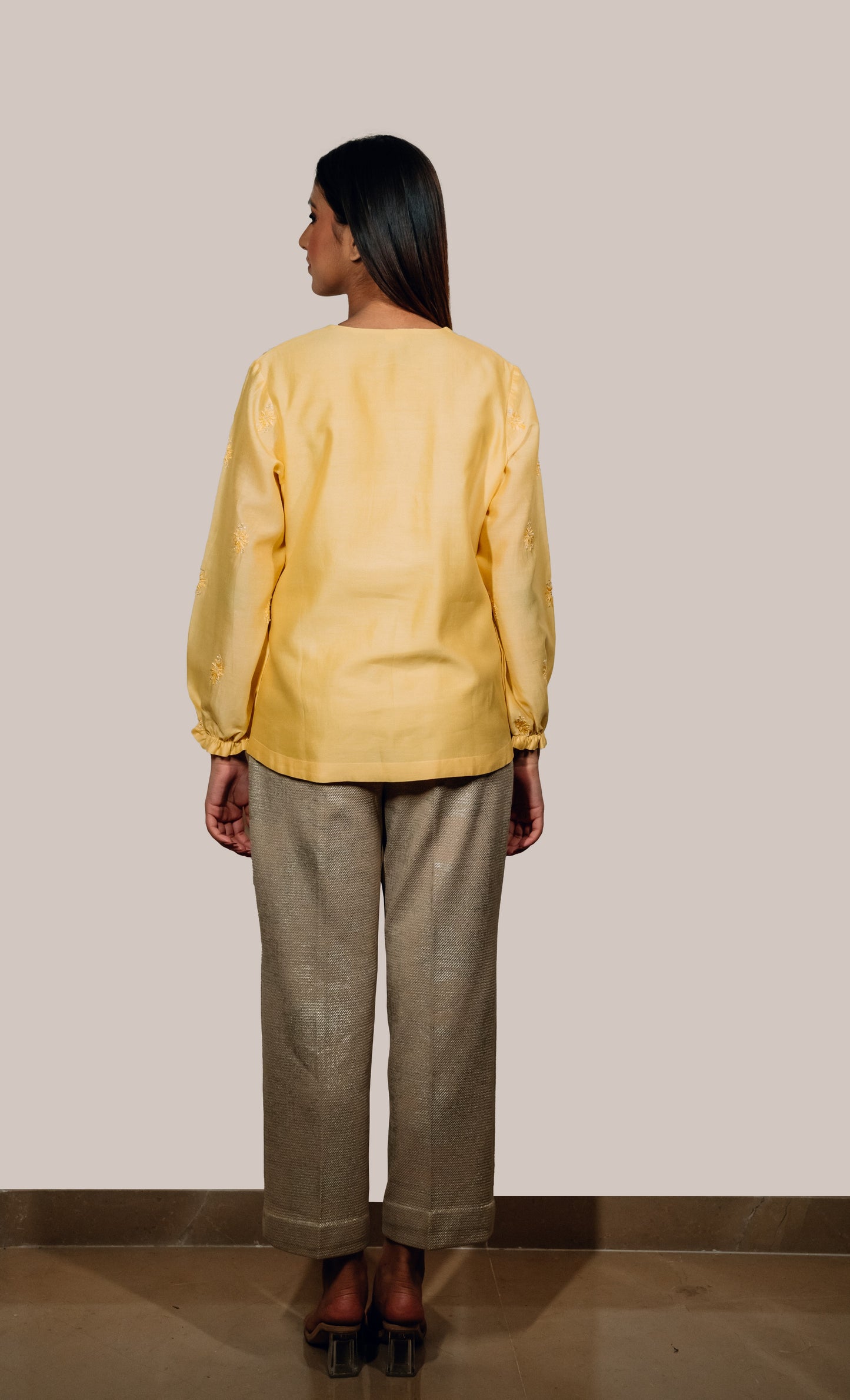 Yellow Chanderi Silk Chikankari Tunic