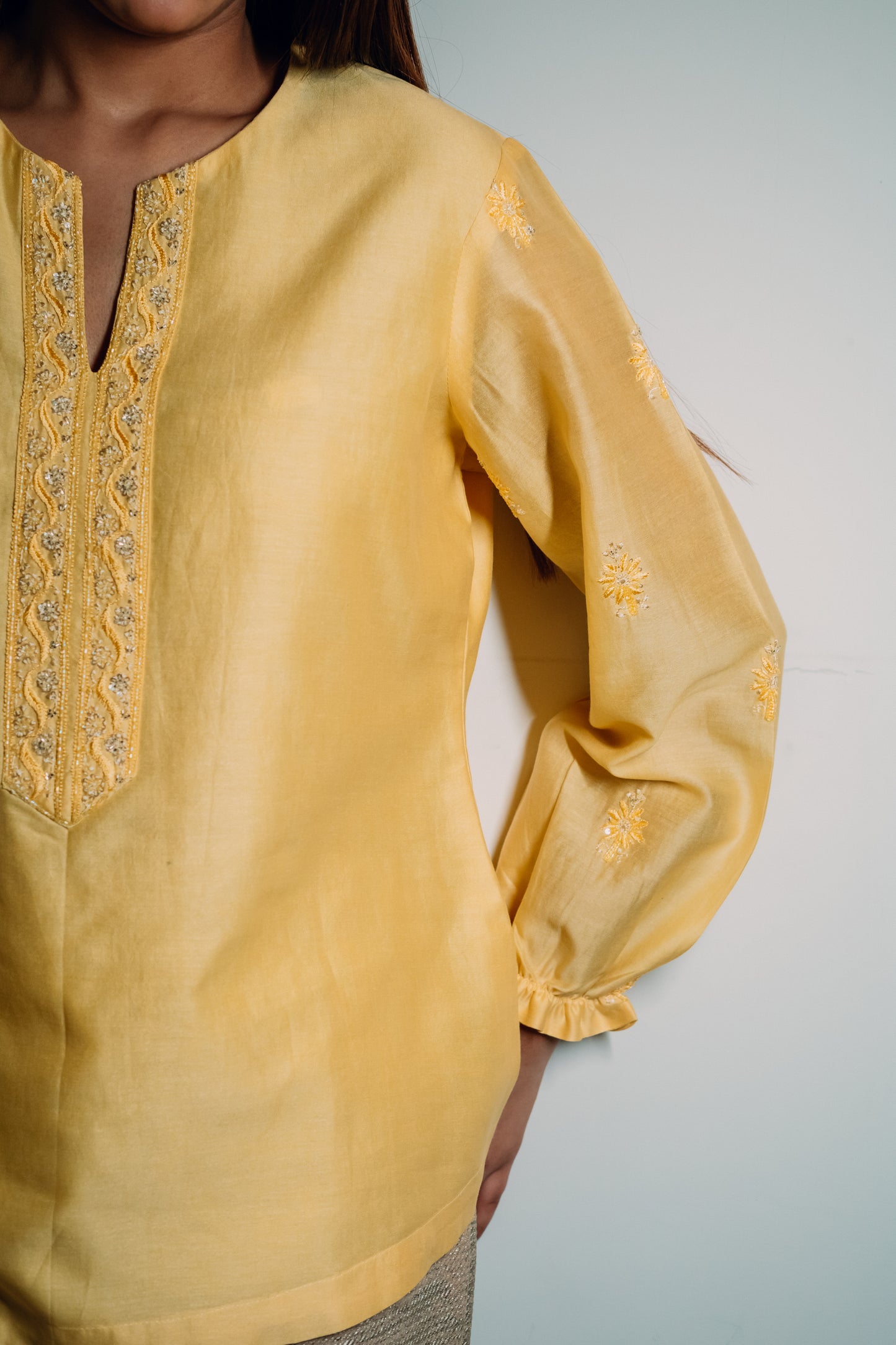 Yellow Chanderi Silk Chikankari Tunic