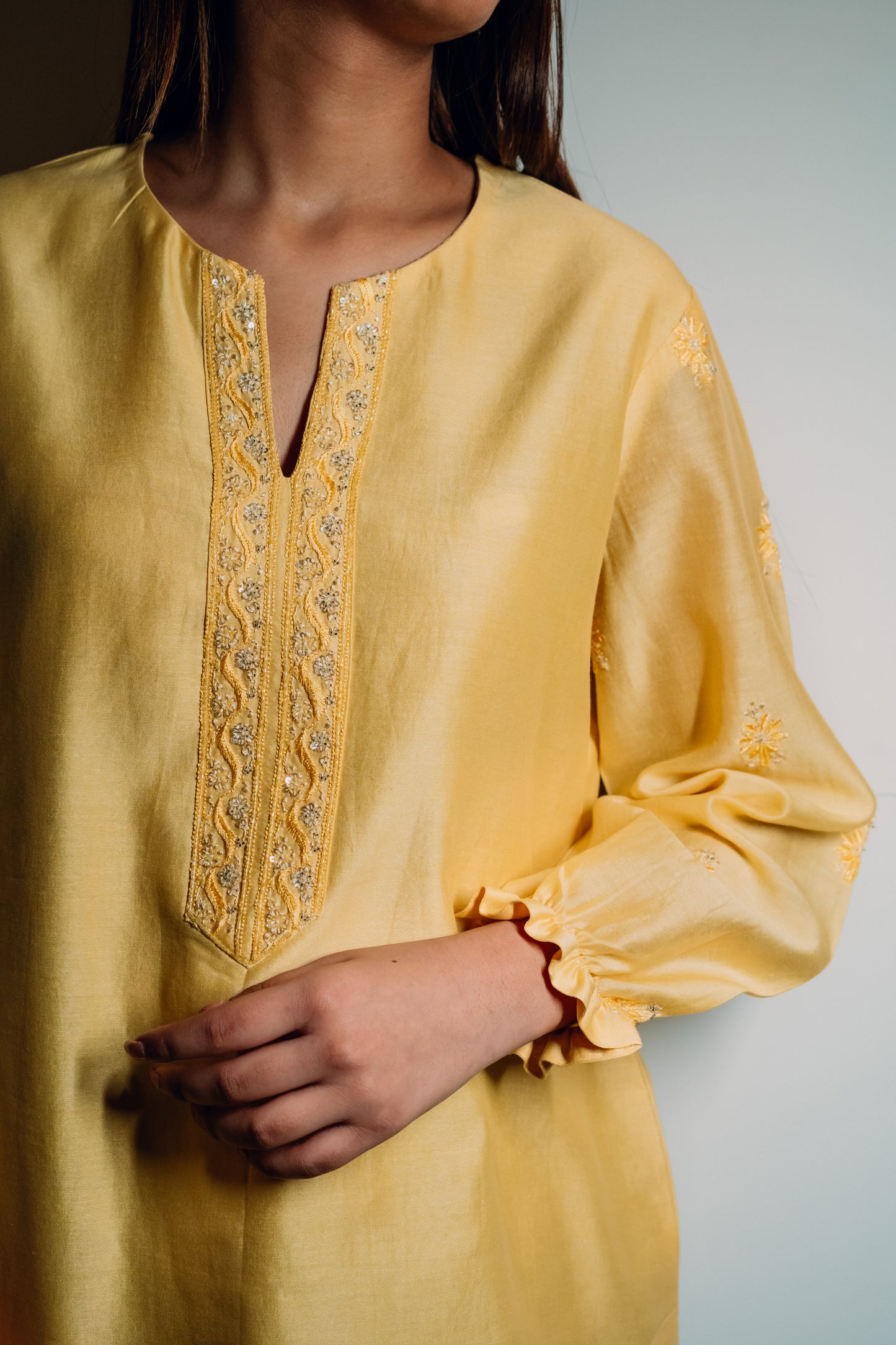 Yellow Chanderi Silk Chikankari Tunic