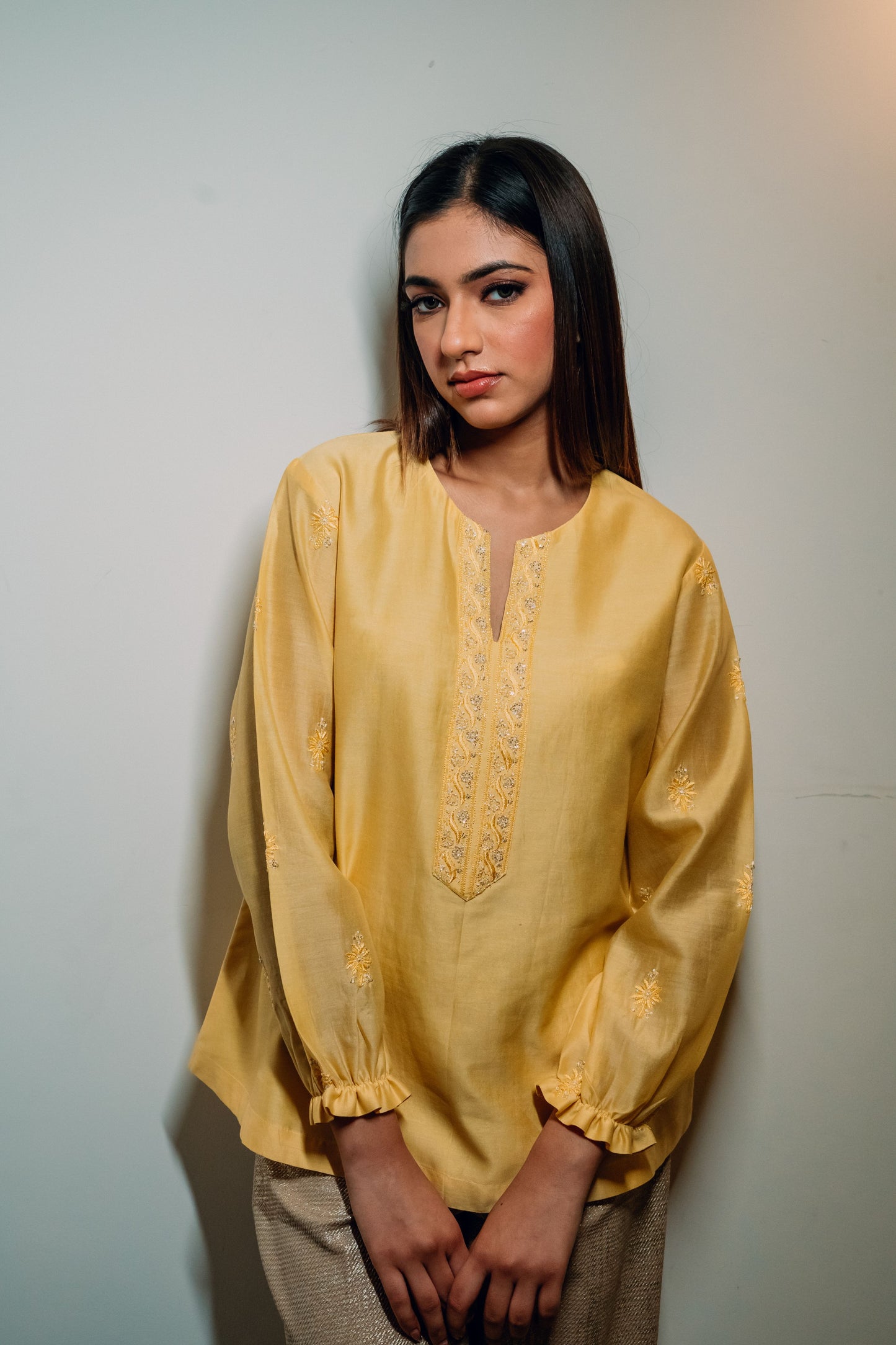 Yellow Chanderi Silk Chikankari Tunic