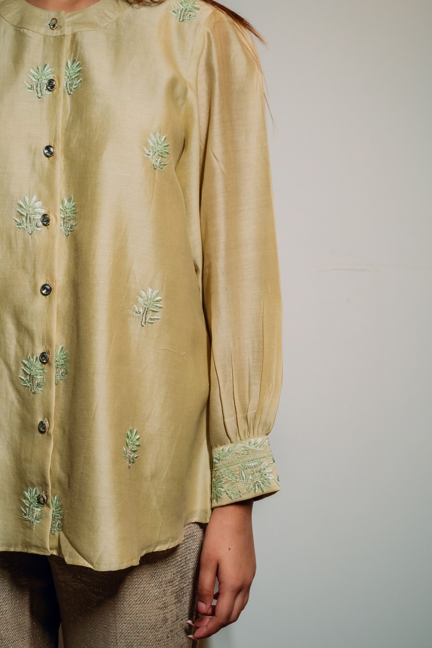 Light Green Chanderi Silk Highlighted Chinese Collar Shirt