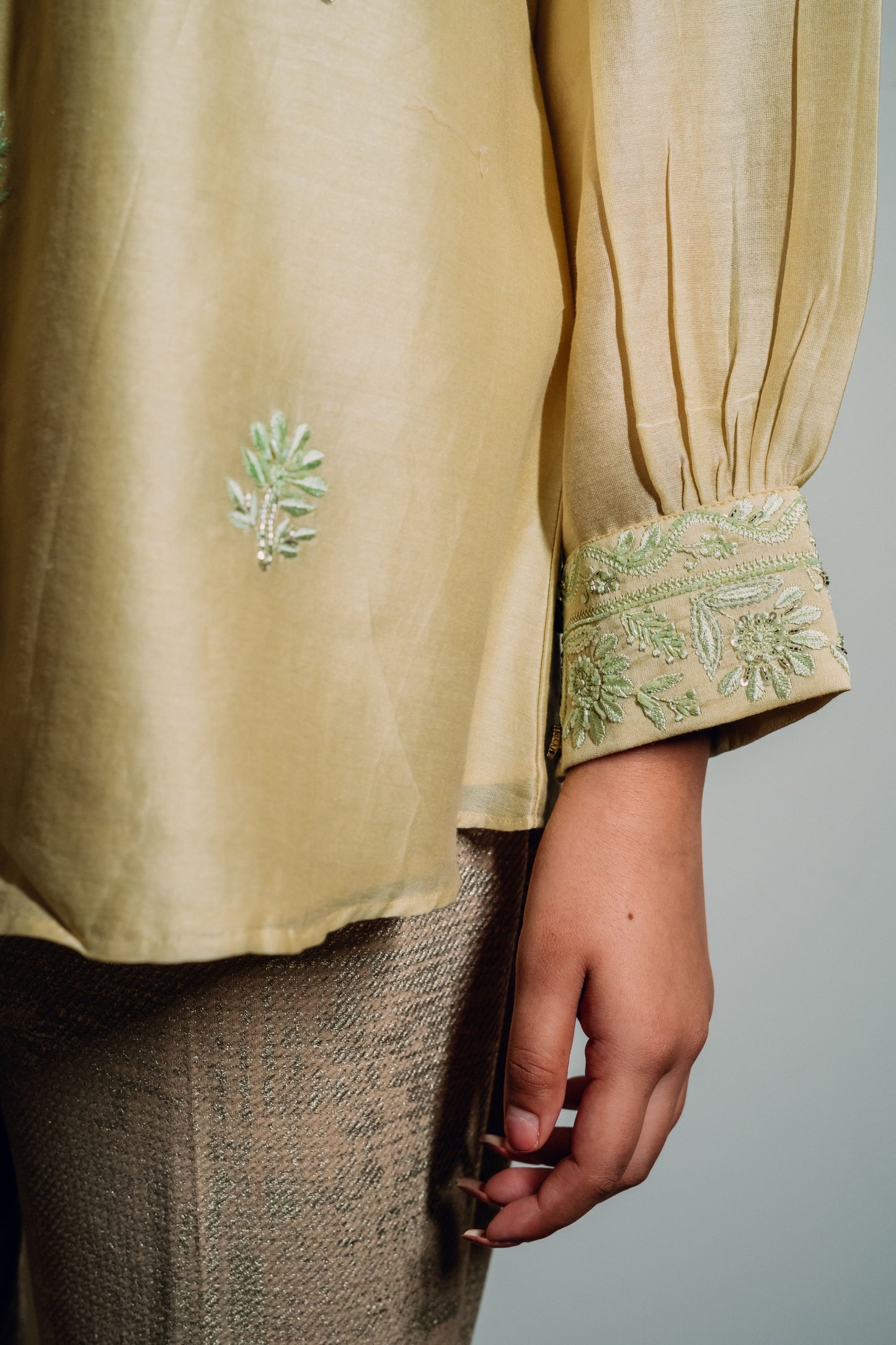 Light Green Chanderi Silk Highlighted Chinese Collar Shirt