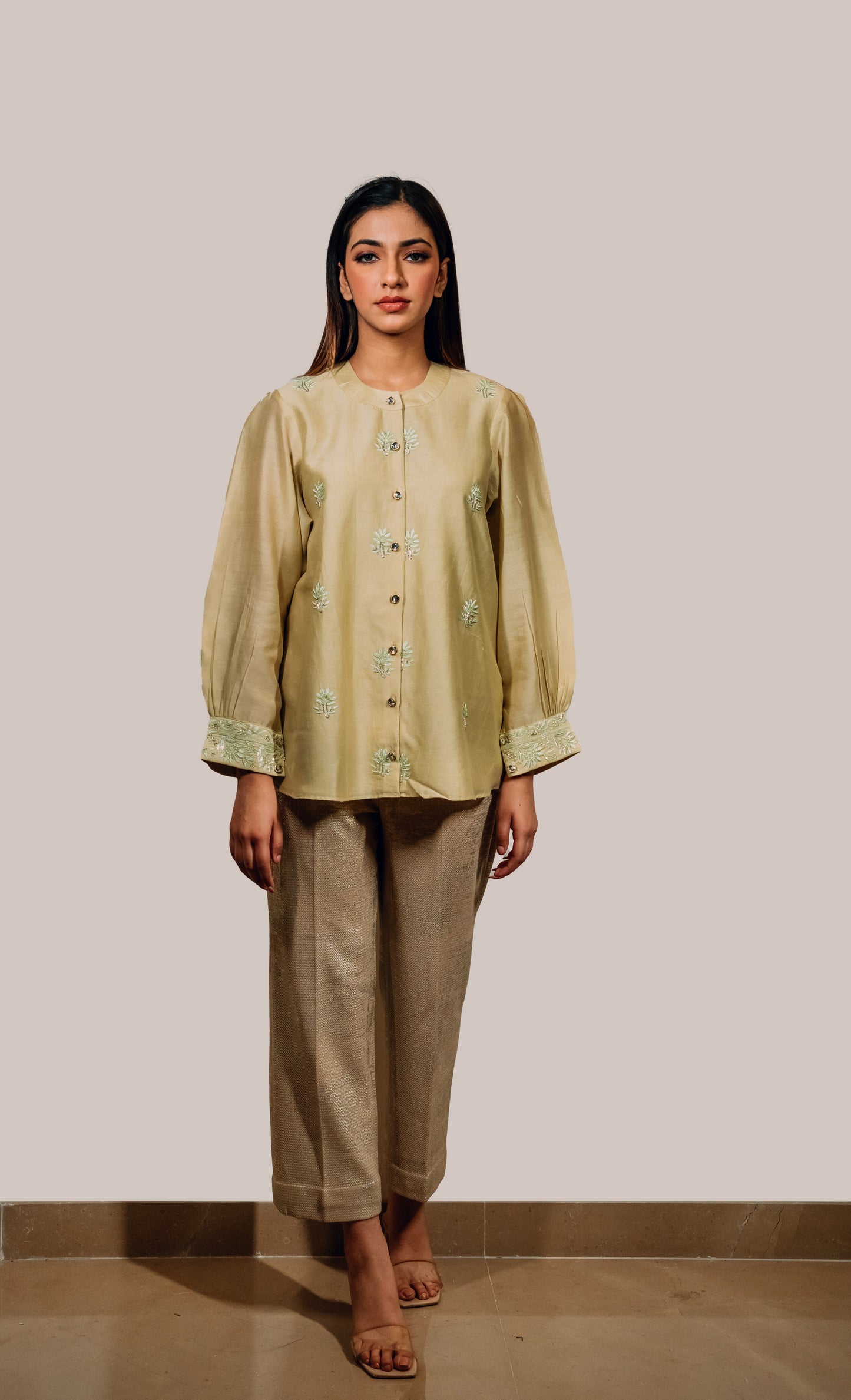 Light Green Chanderi Silk Highlighted Chinese Collar Shirt