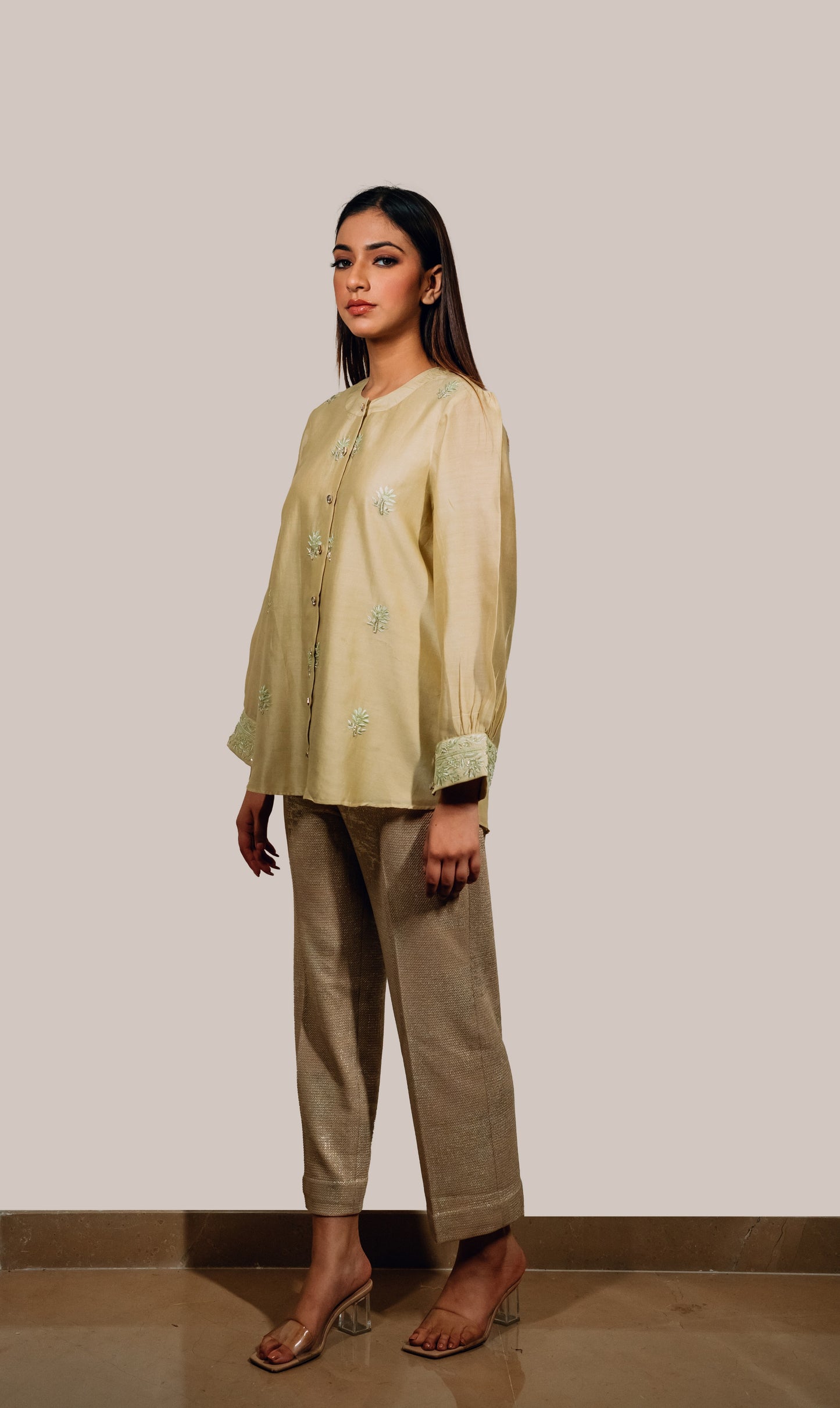 Light Green Chanderi Silk Highlighted Chinese Collar Shirt