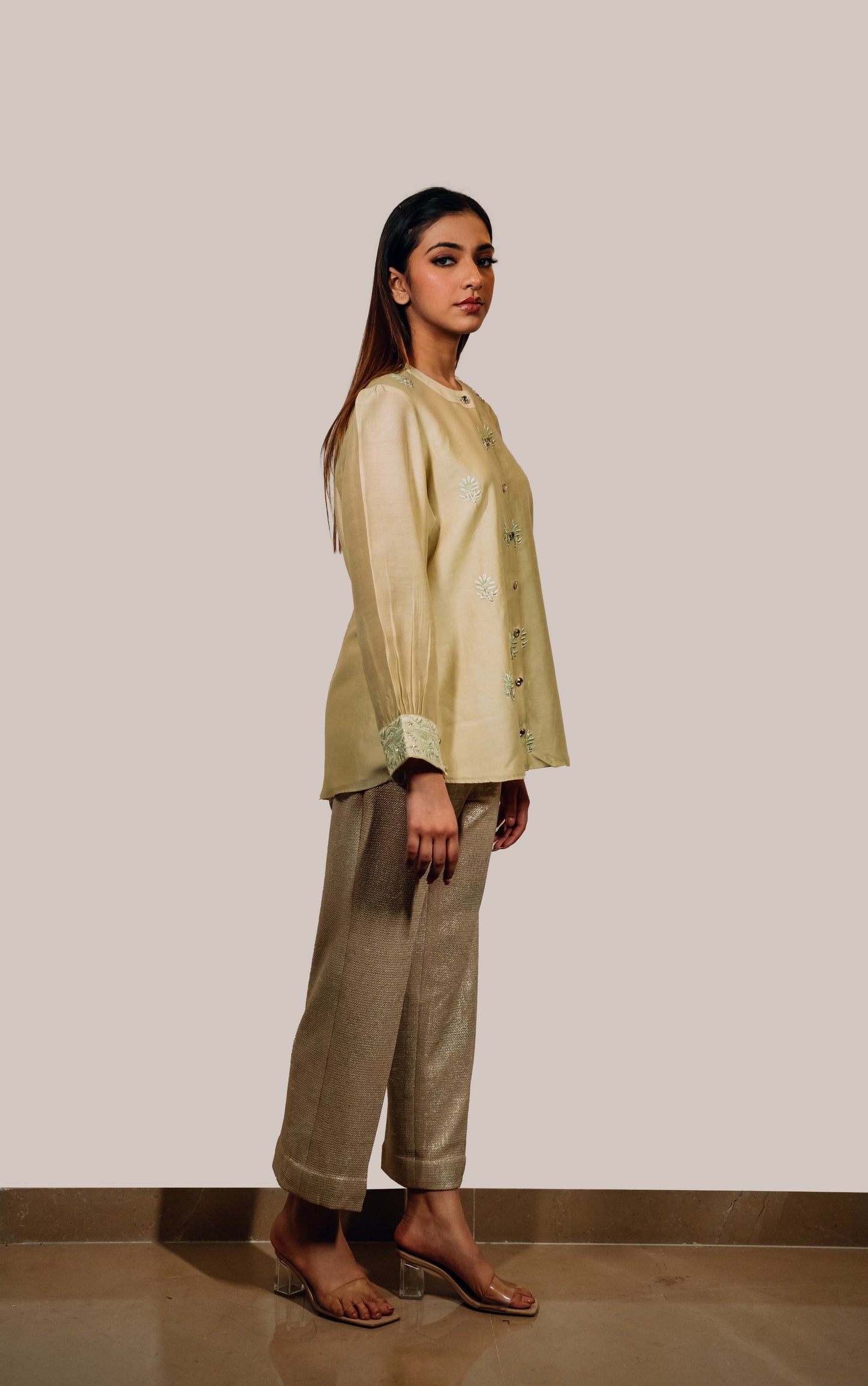 Light Green Chanderi Silk Highlighted Chinese Collar Shirt