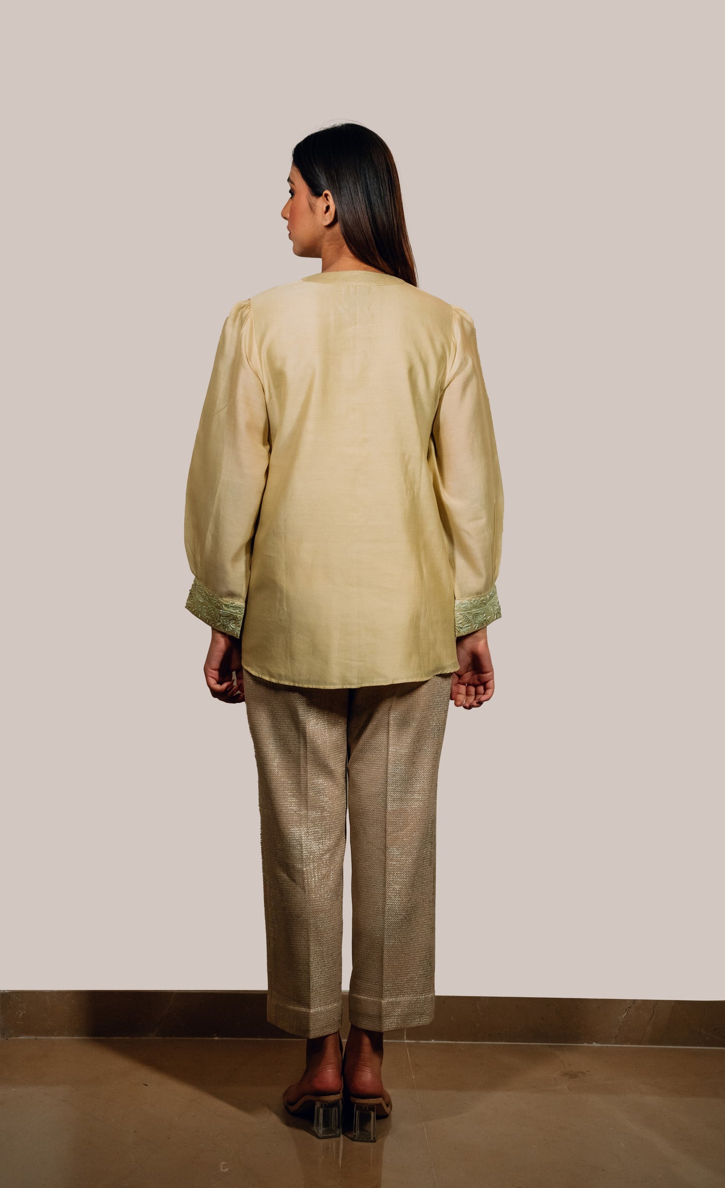 Light Green Chanderi Silk Highlighted Chinese Collar Shirt