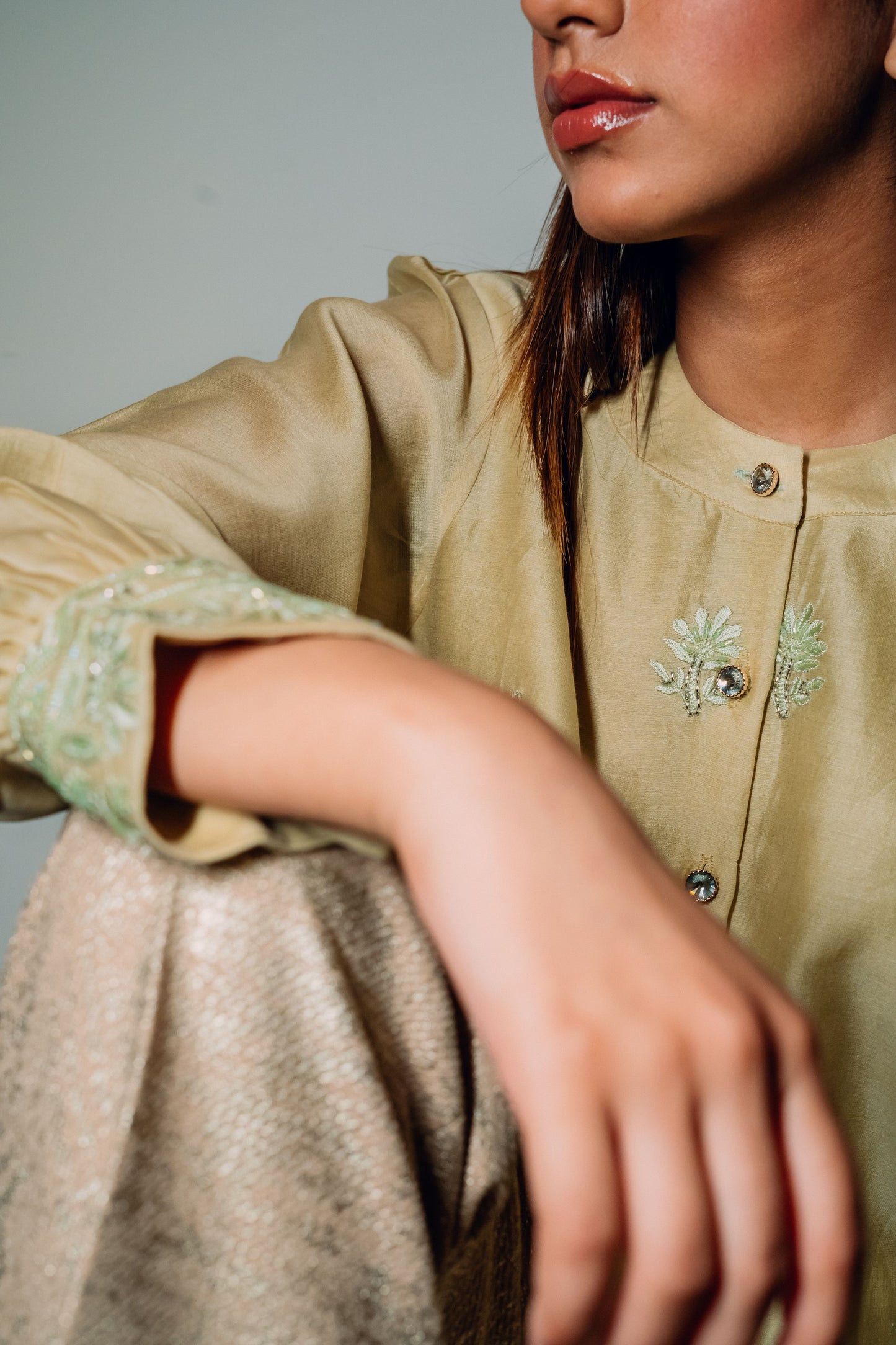 Light Green Chanderi Silk Highlighted Chinese Collar Shirt