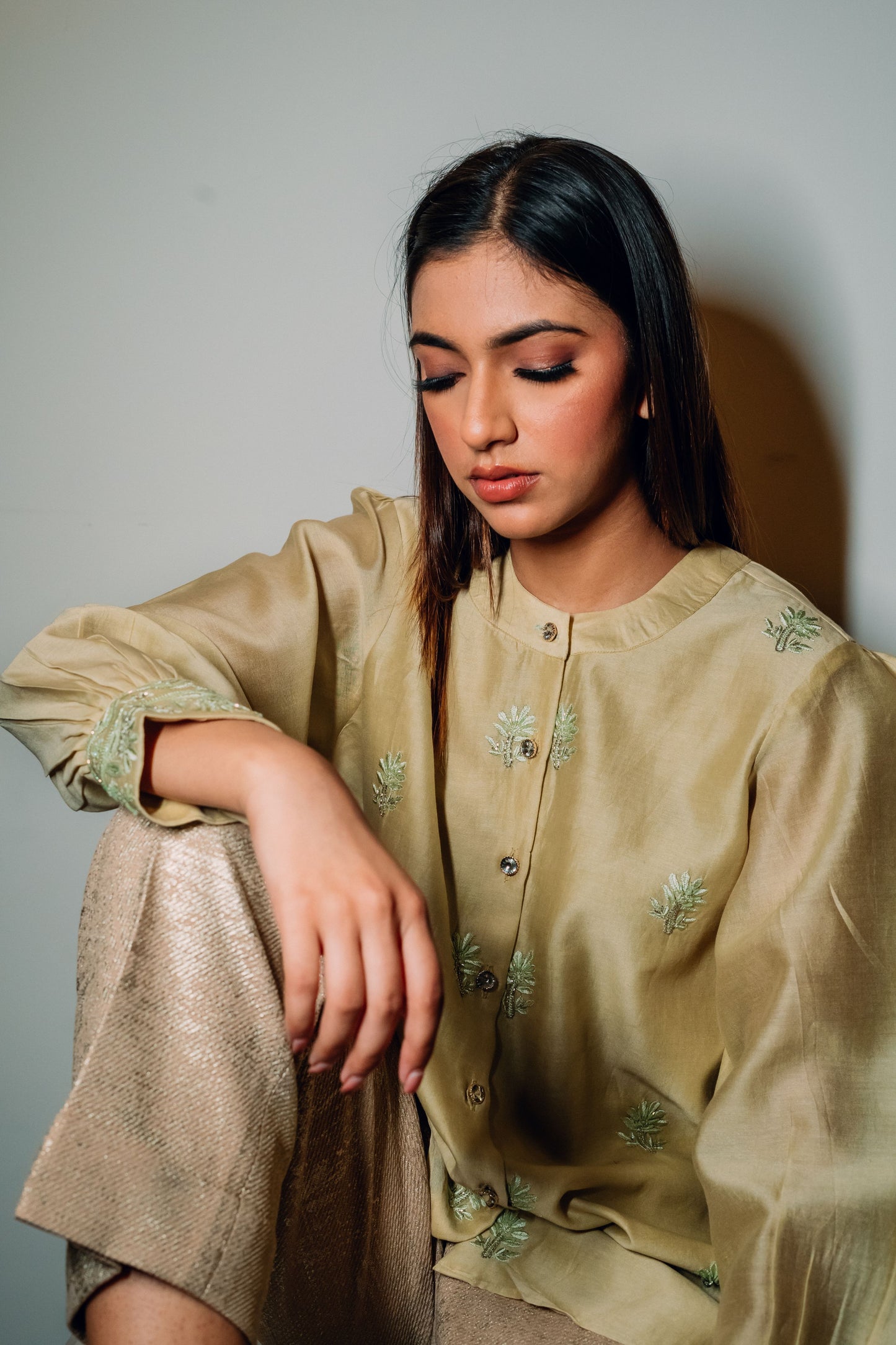 Light Green Chanderi Silk Highlighted Chinese Collar Shirt