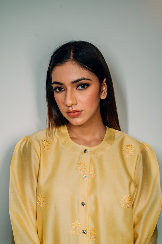 Yellow Chanderi Silk Highlighted Chinese Collar Shirt