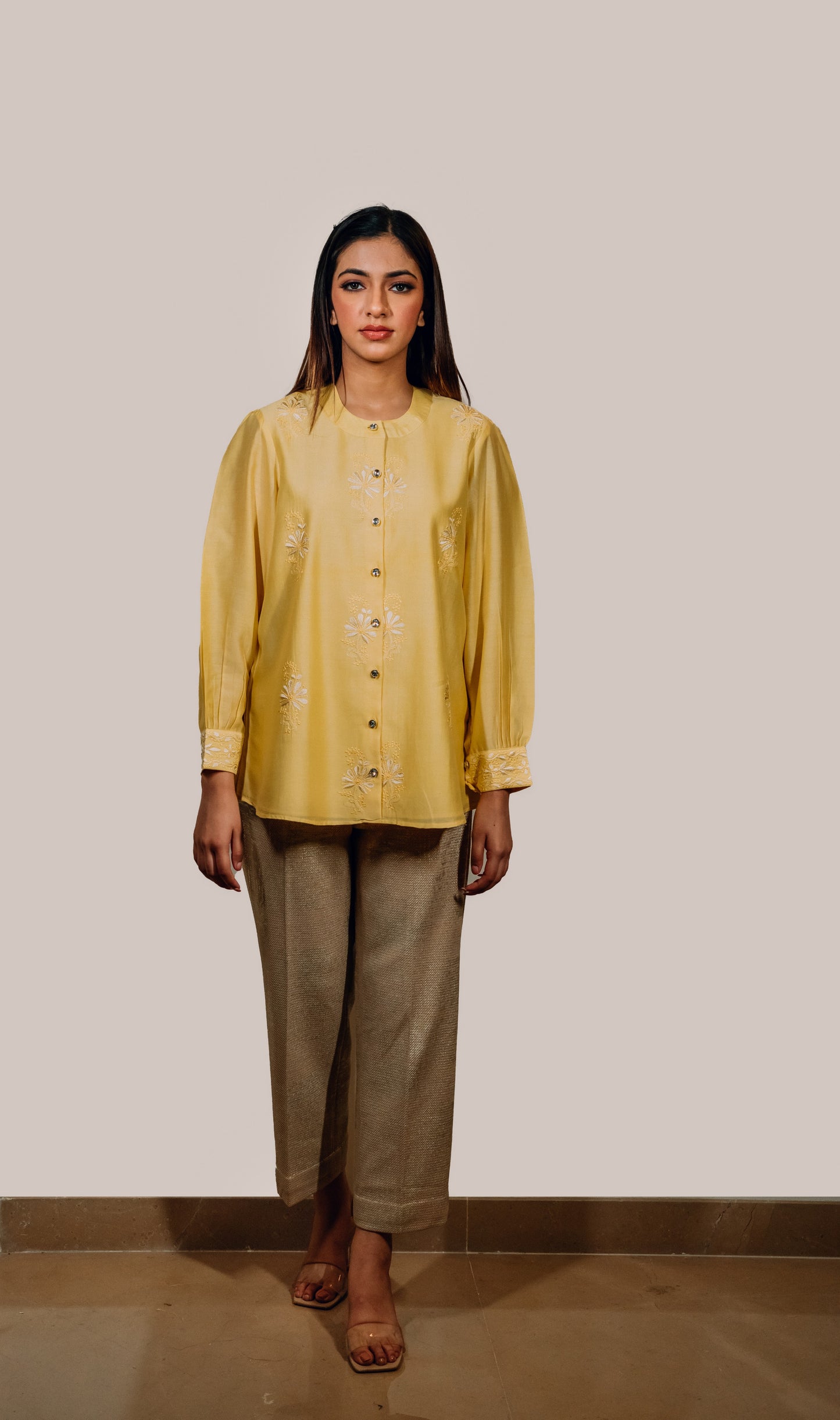 Yellow Chanderi Silk Chinese Collar Shirt