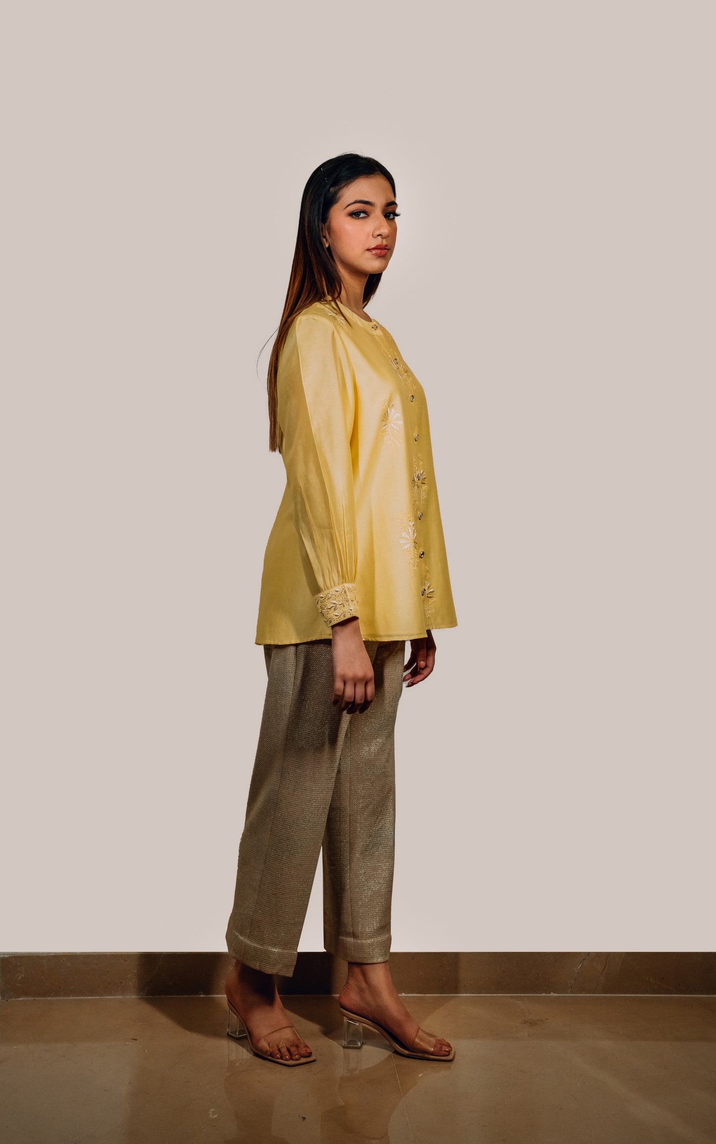 Yellow Chanderi Silk Chinese Collar Shirt