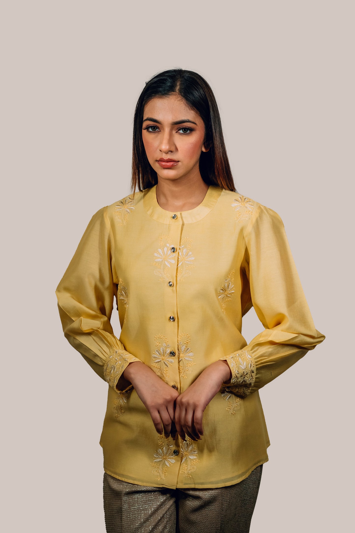 Yellow Chanderi Silk Chinese Collar Shirt