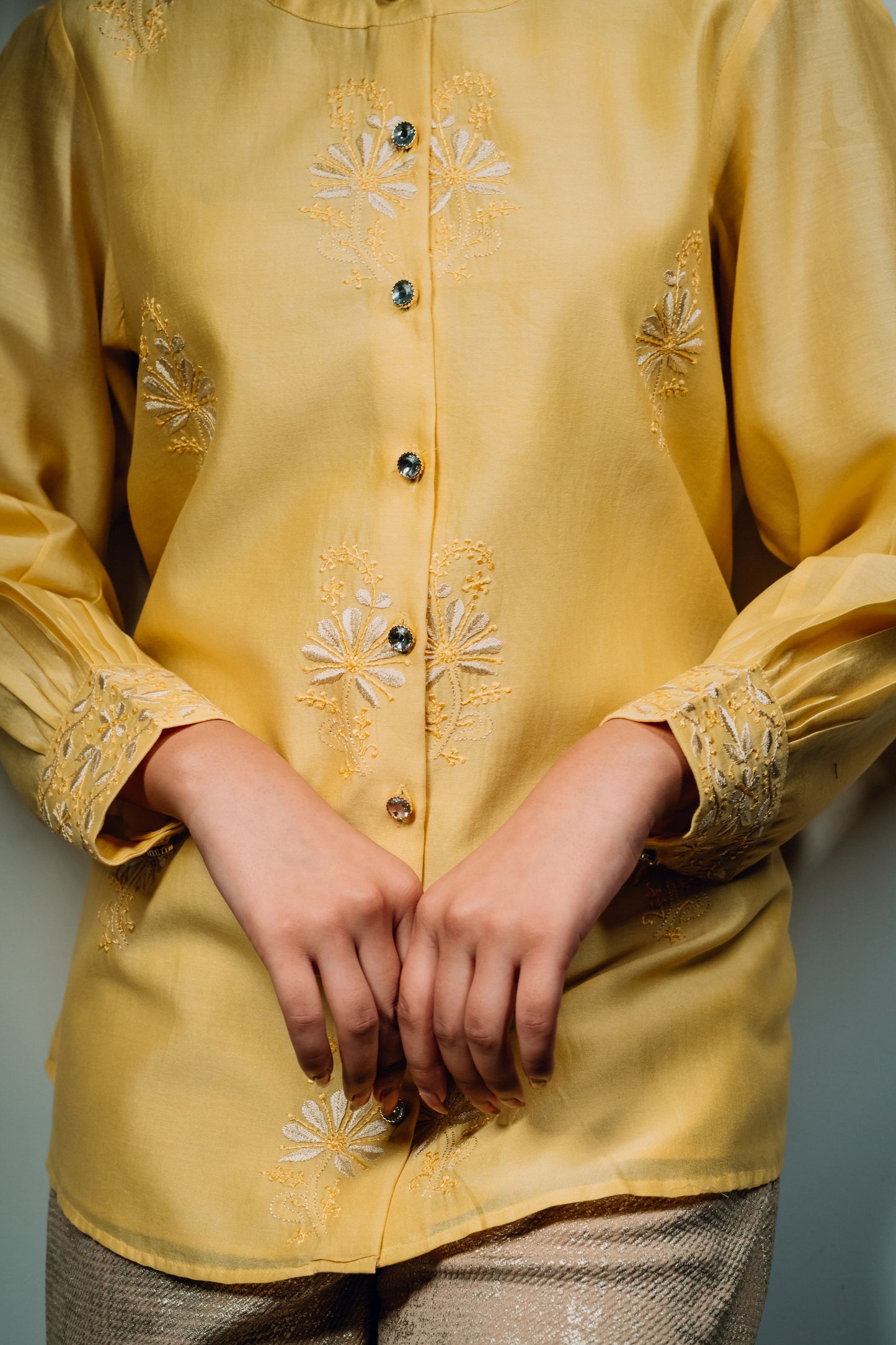 Yellow Chanderi Silk Chinese Collar Shirt