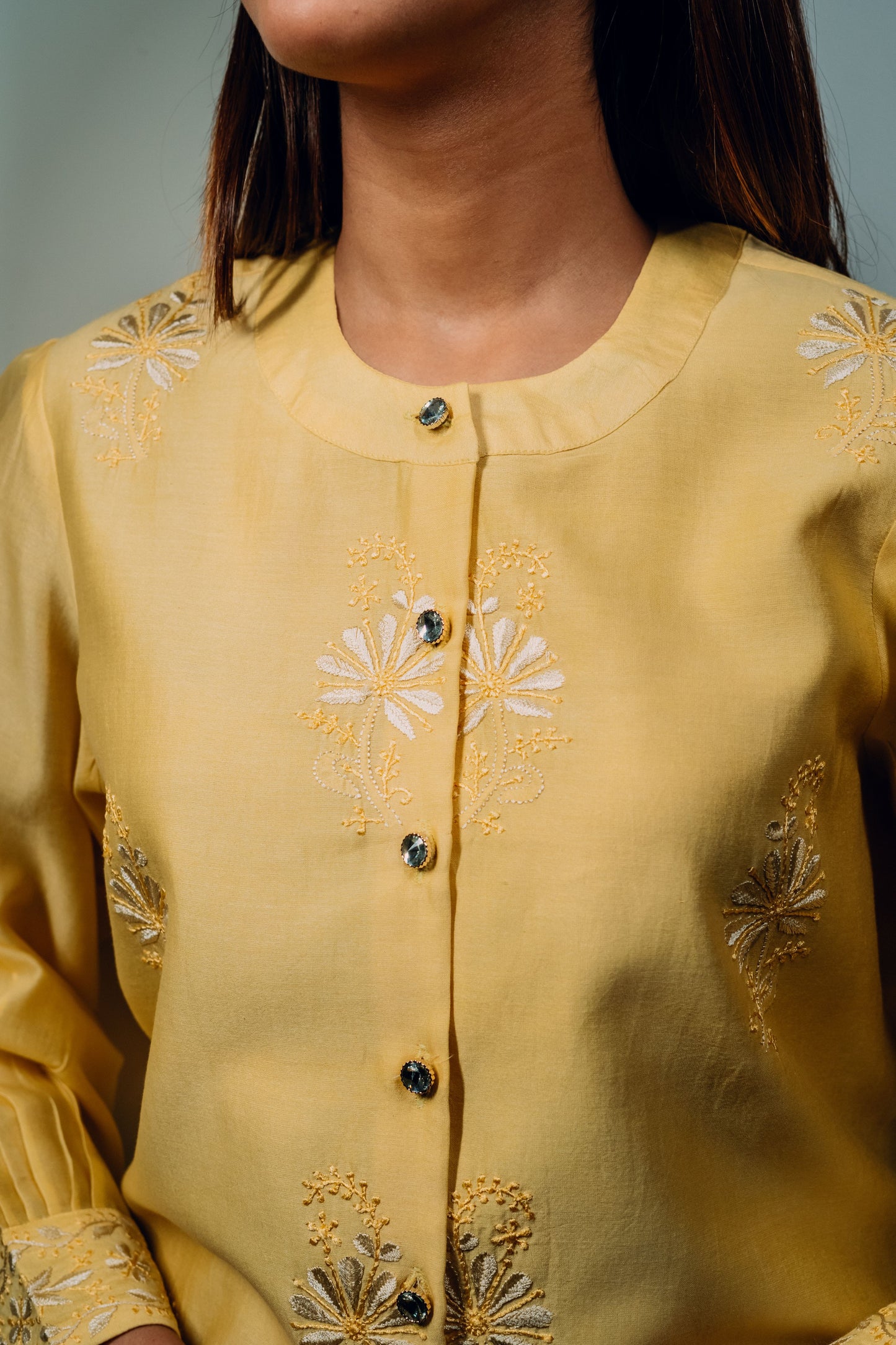 Yellow Chanderi Silk Chinese Collar Shirt