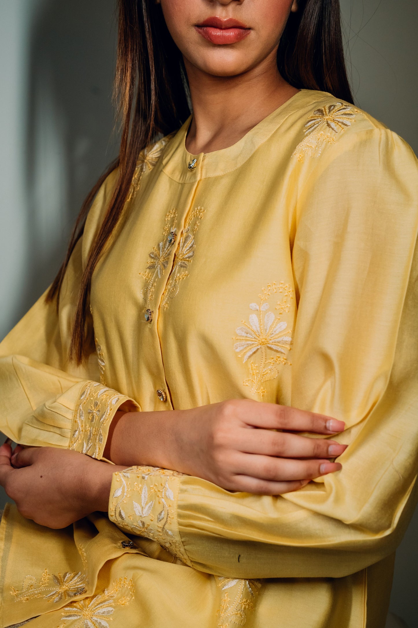 Yellow Chanderi Silk Chinese Collar Shirt