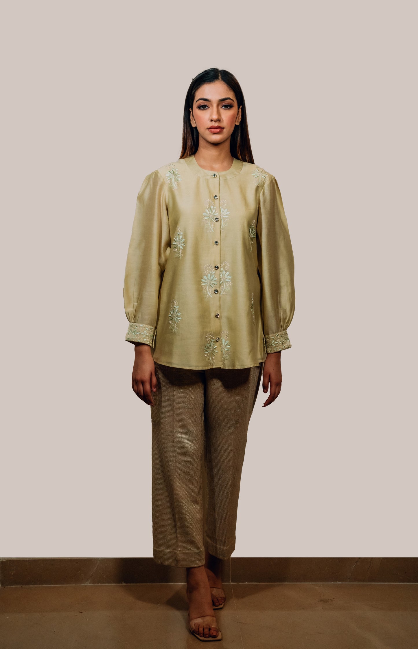 Light Green Chanderi Silk Chinese Collar Shirt