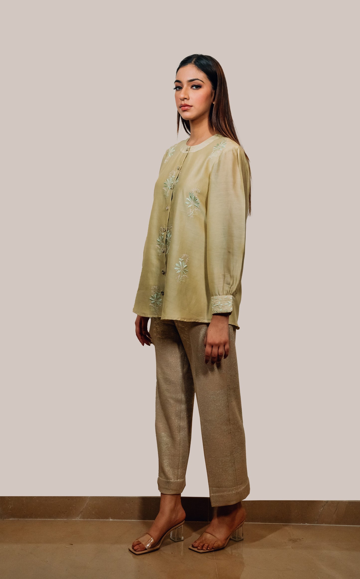 Light Green Chanderi Silk Chinese Collar Shirt