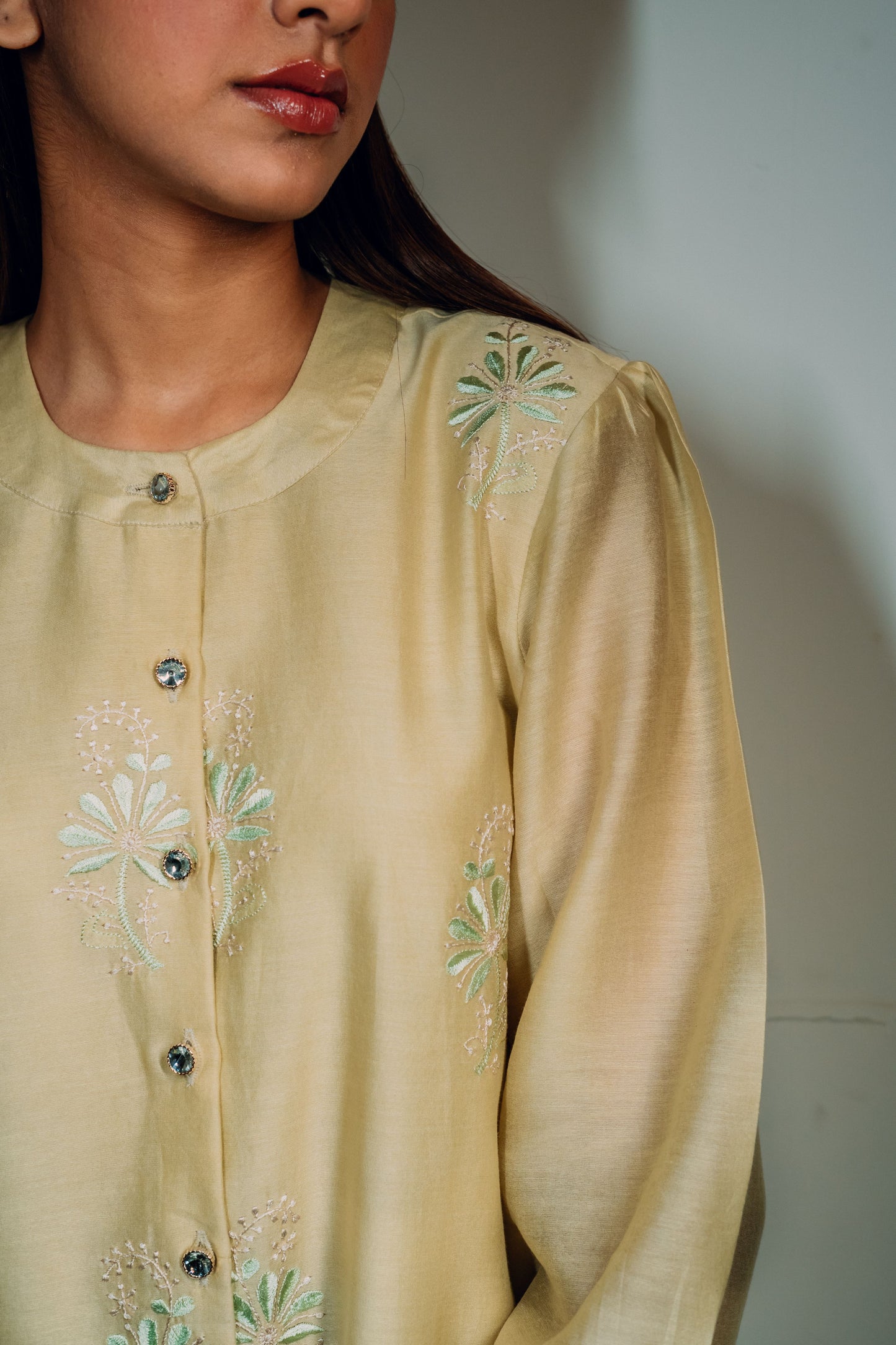 Light Green Chanderi Silk Chinese Collar Shirt