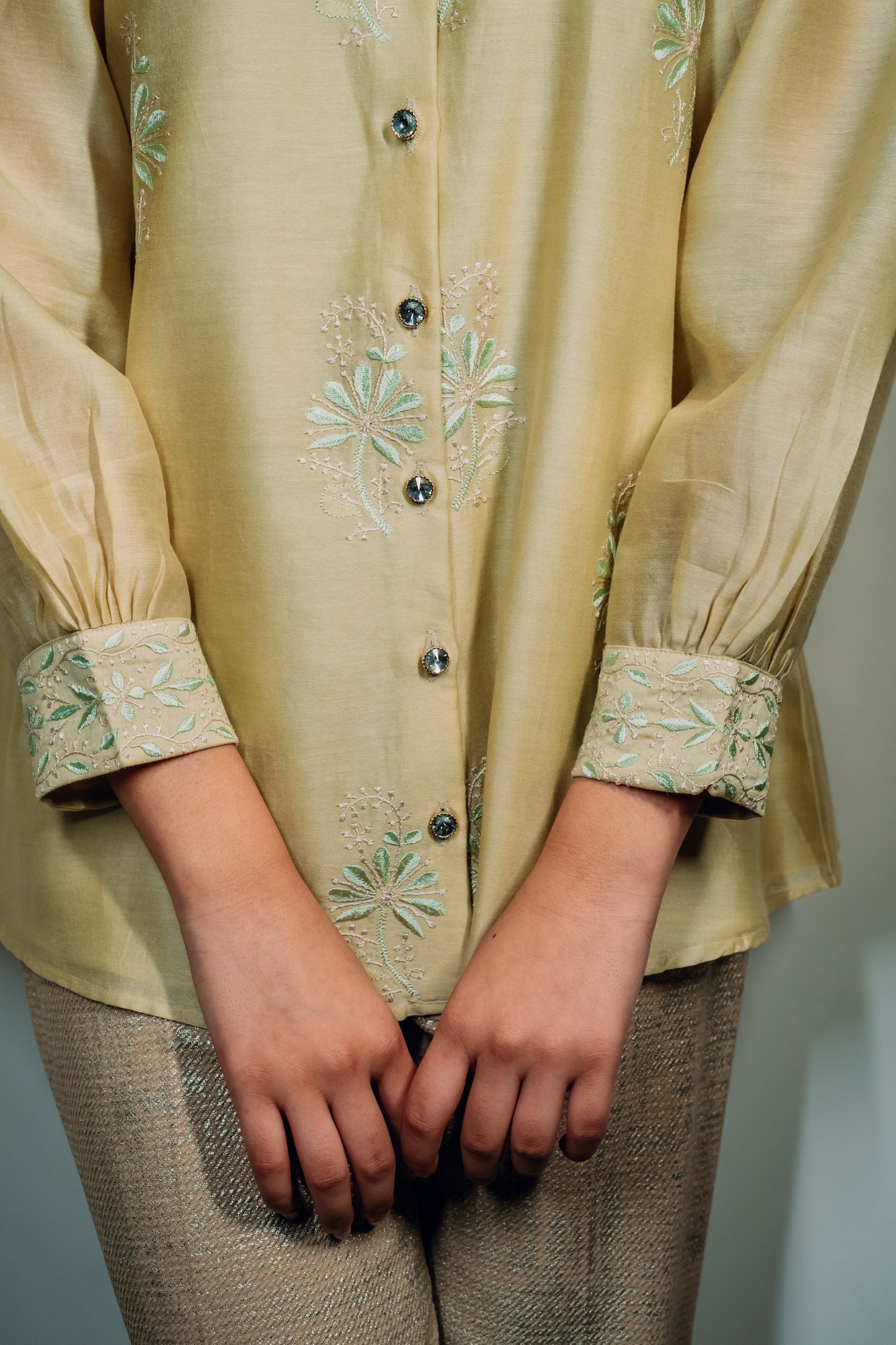 Light Green Chanderi Silk Chinese Collar Shirt