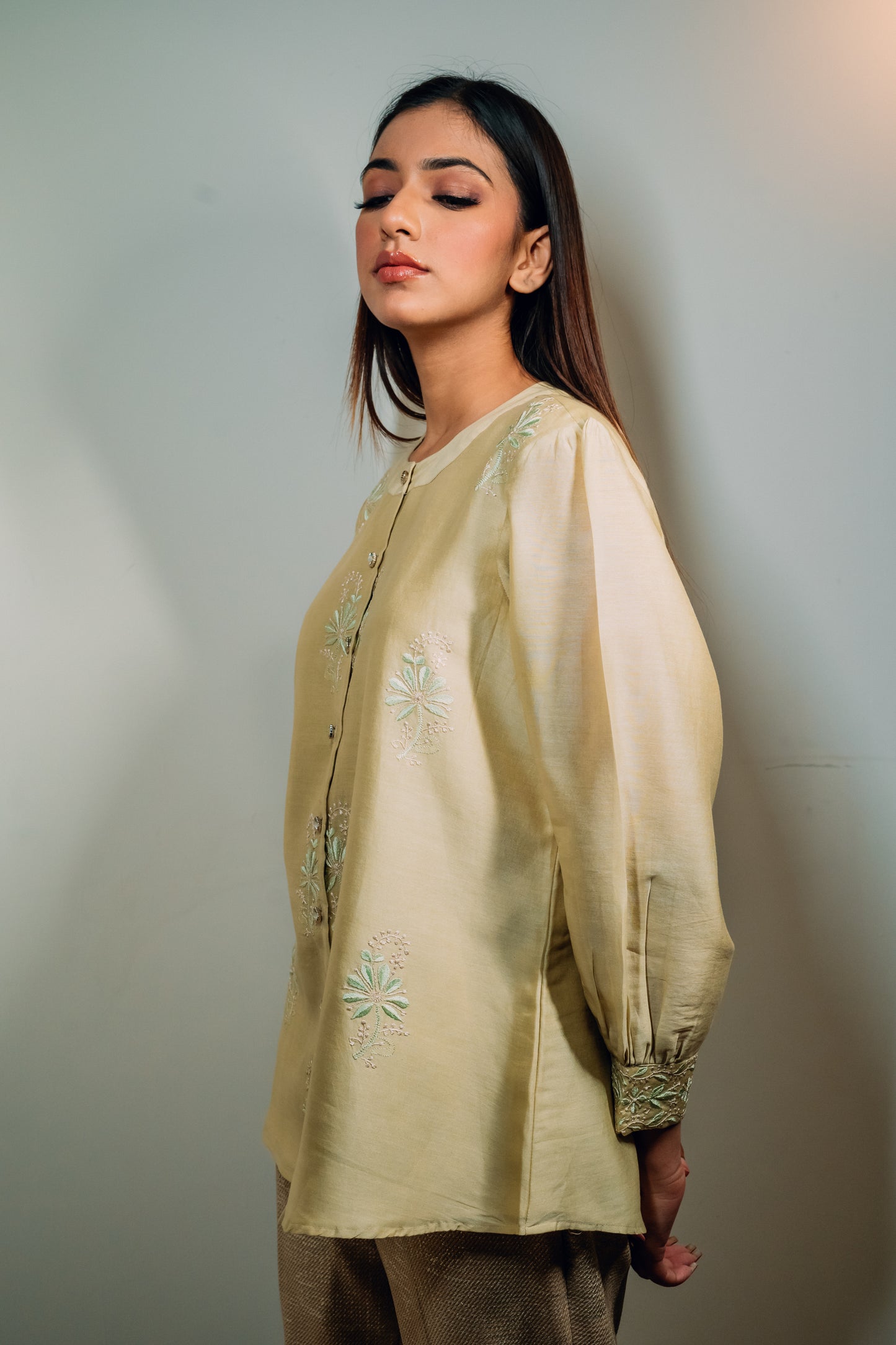 Light Green Chanderi Silk Chinese Collar Shirt