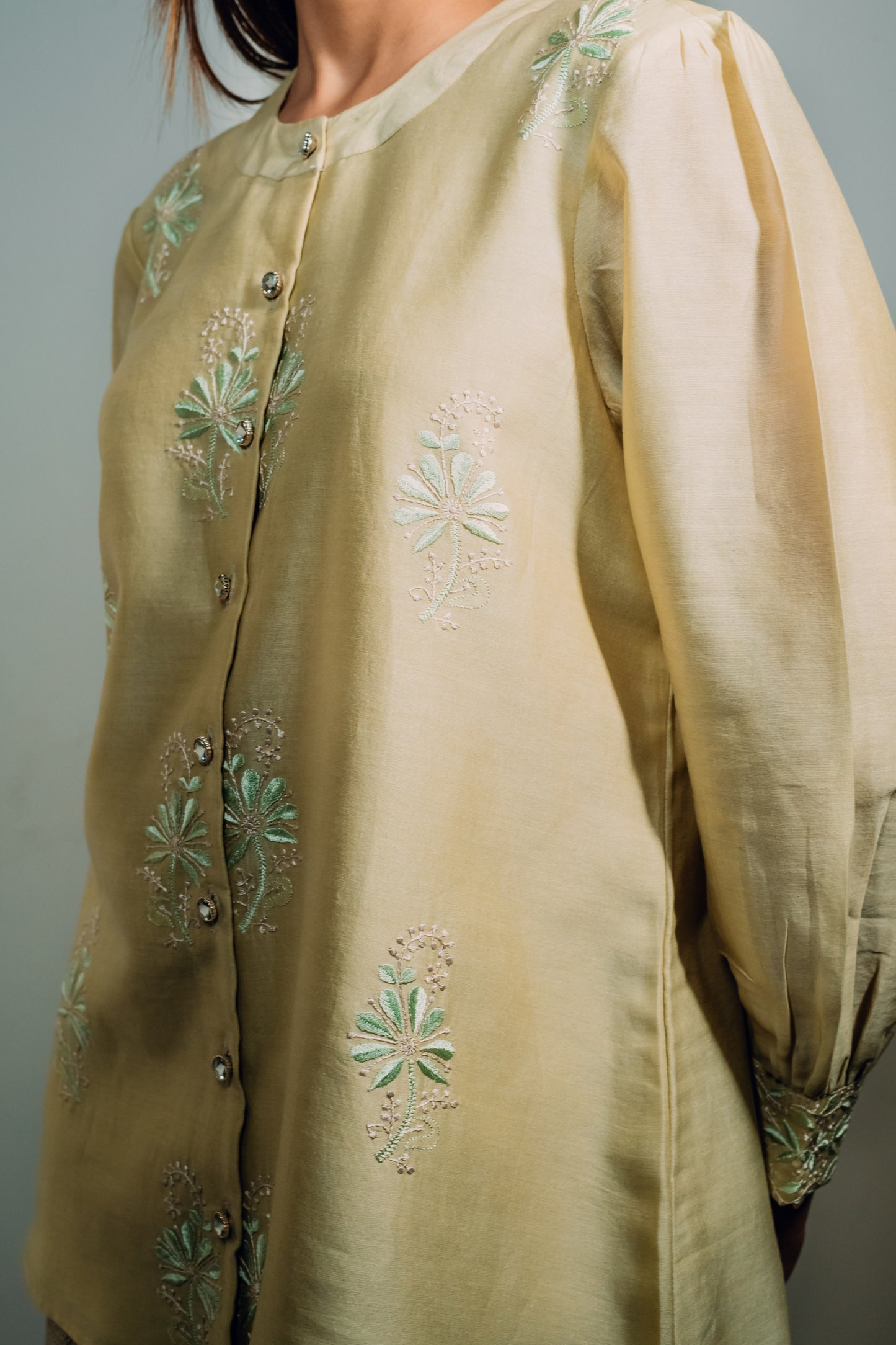 Light Green Chanderi Silk Chinese Collar Shirt